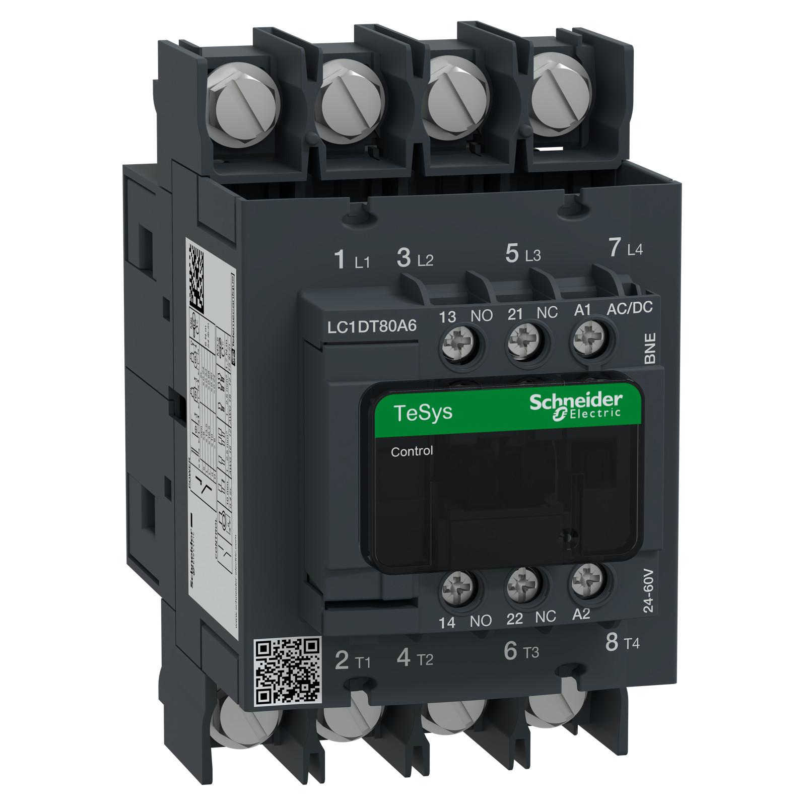 IEC contactor, TeSys Deca Green, nonreversing, 80A resistive, 4 pole, 4 NO, 24/60VAC/VDC coil, open style