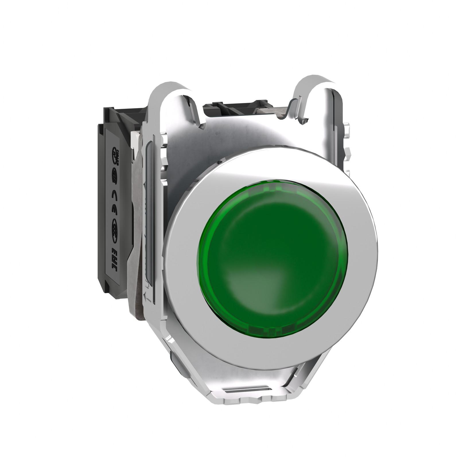 Illuminated push button, Harmony XB4, metal, green flush mounted, 30mm, universal LED, plain lens, 1NO + 1NC, 120V AC