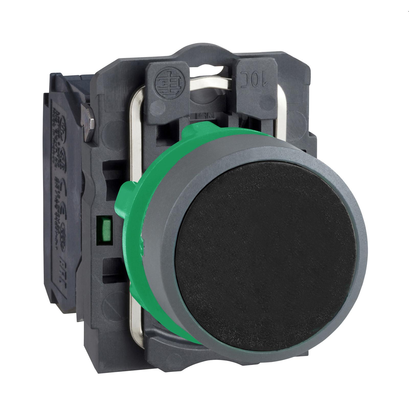 Push button, Harmony XB5, black flush, grey bezel, 22mm, spring return, 1NO, unmarked