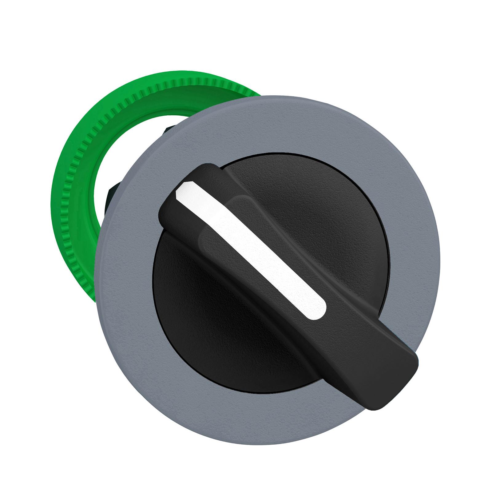 Flush mounted selector switch head, Harmony XB5, plastic, black, 30mm, 2 positions, stay put, grey bezel