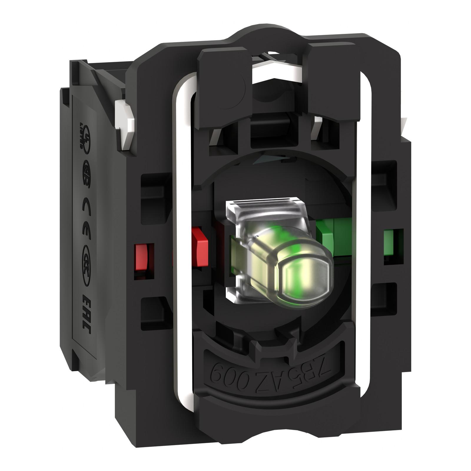 Complete body contact assembly and light block, Harmony XB5, XB4, with body fixing collar, universal LED, 110...120V, 1NO + 1NC