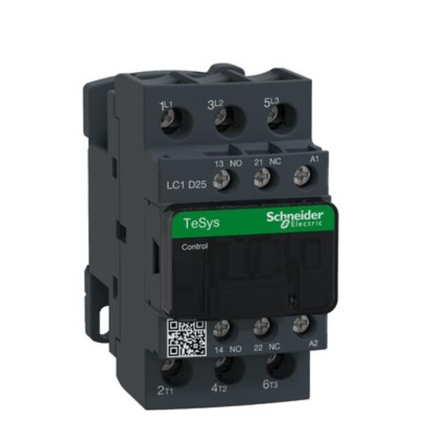 IEC contactor, TeSys Deca, nonreversing, 25A, 15HP at 480VAC, up to 100kA SCCR, 3 phase, 3 NO, 220VAC 50/60Hz coil, open