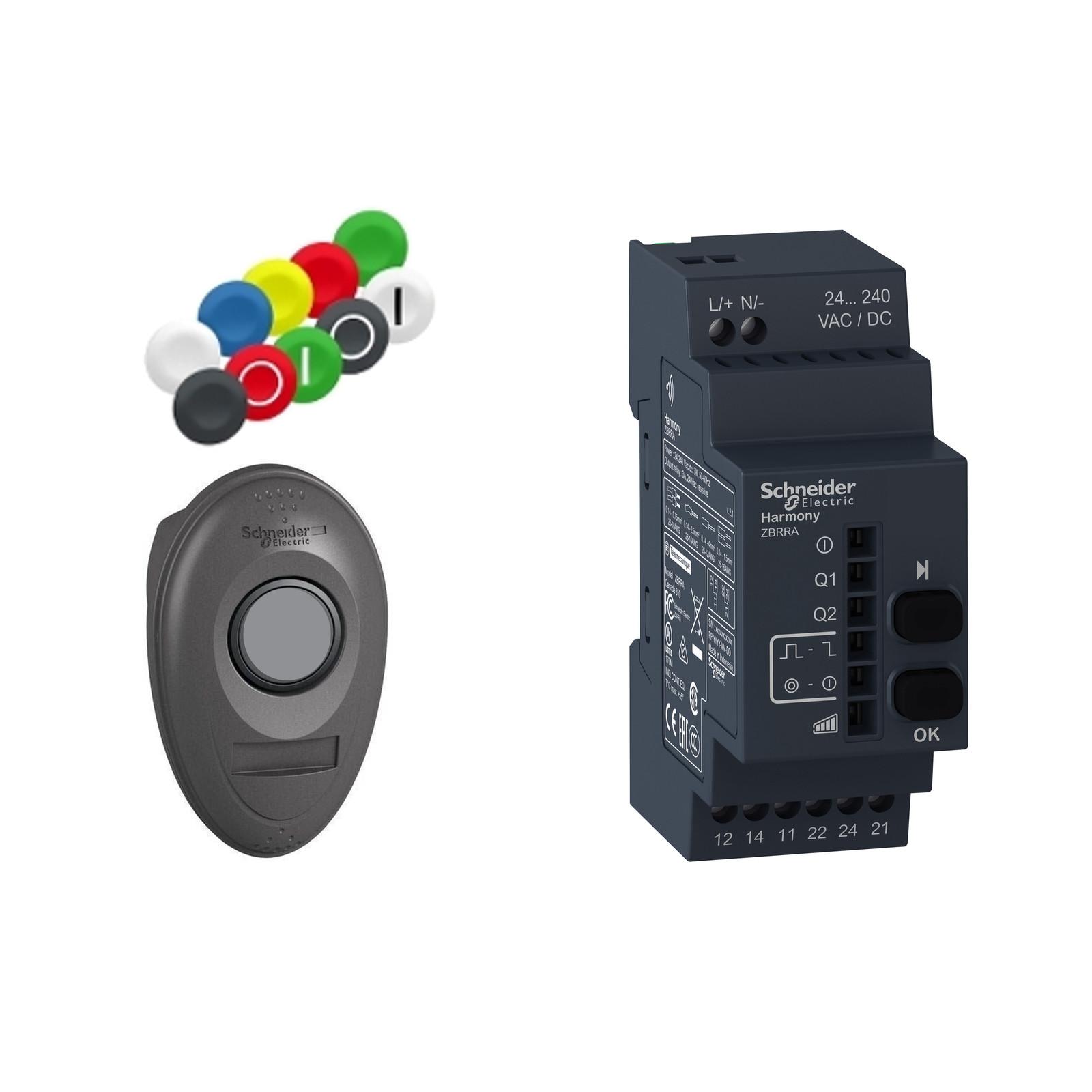 Pack with 1 wireless push button + 1 configurable receiver + 1 set of 10 colored caps, Harmony XB5, plastic, 22mm, 24...240V AC DC