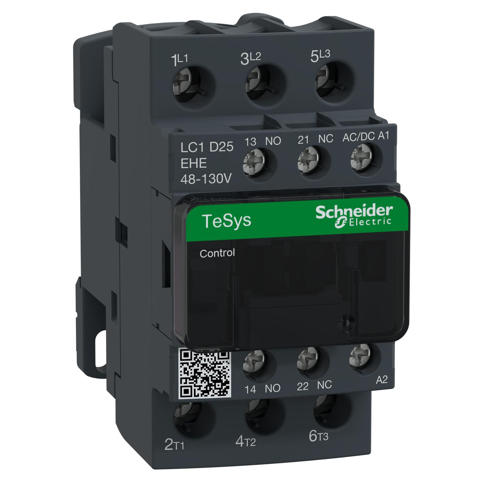 IEC contactor, TeSys Deca Green, nonreversing, 25A, 15HP at 480VAC, up to 100kA SCCR, 3 phase, 3 NO, 48/130VAC/VDC coil