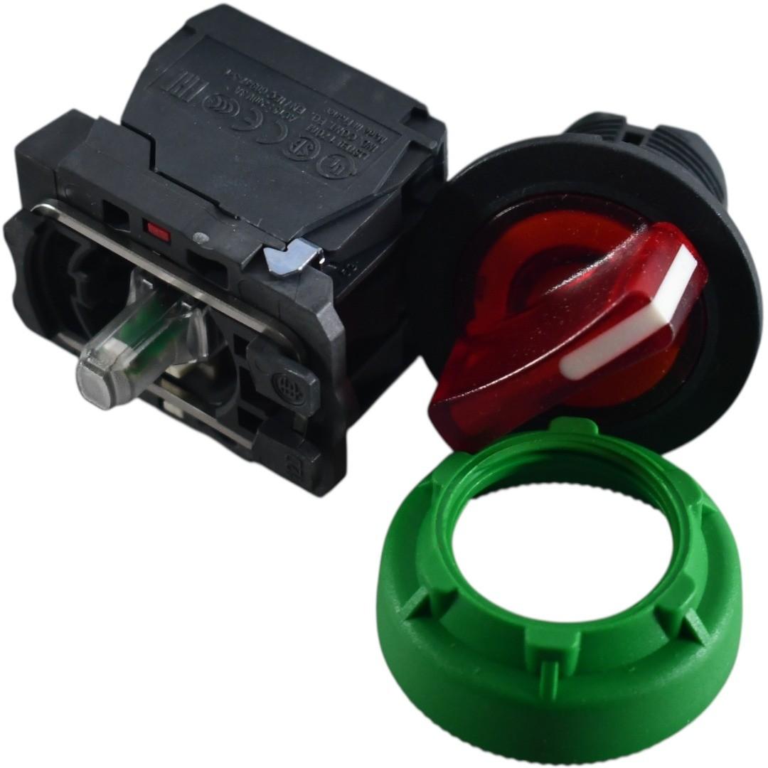Illuminated selector switch, Harmony XB5, grey plastic, red handle, 30mm, universal LED, 2 positions, 1NO + 1NC, 230...240V AC