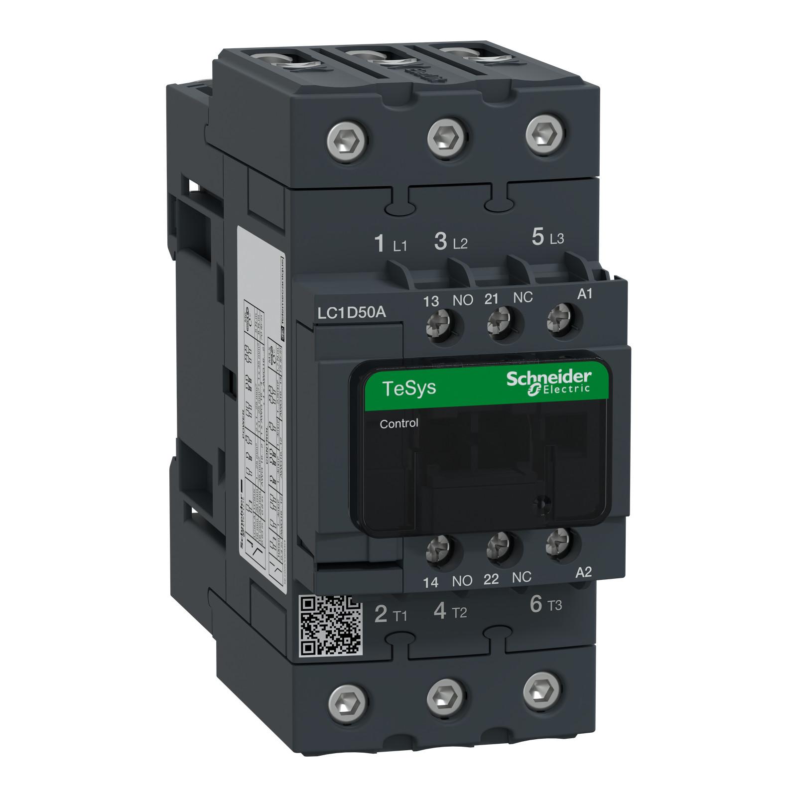 IEC contactor, TeSys Deca, nonreversing, 50A, 40HP at 480VAC, up to 100kA SCCR, 3 phase, 3 NO, 380VAC 50/60Hz coil, open
