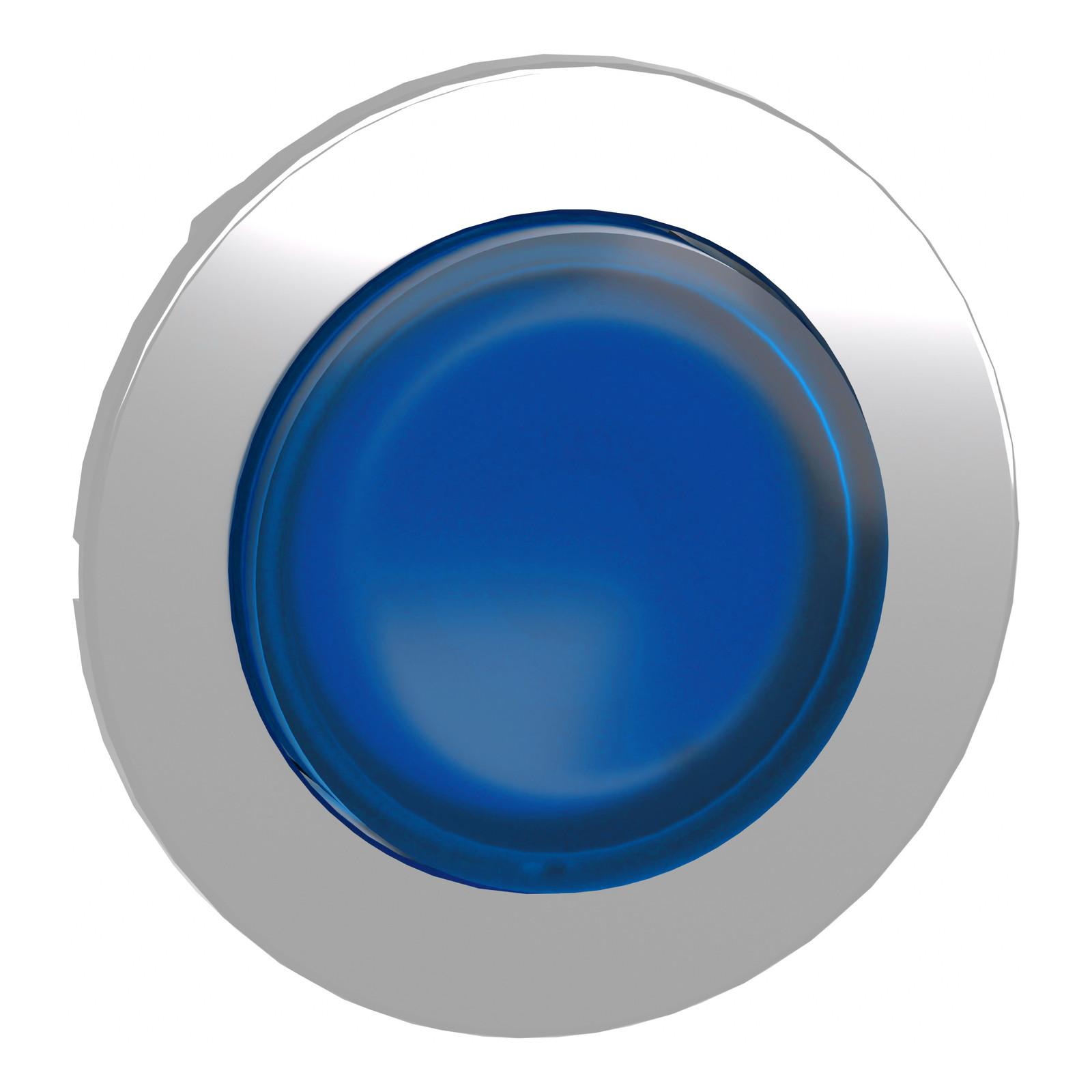 Head for illuminated push button, Harmony XB4, plastic, blue projecting, 30mm, universal LED, spring return, plain lens