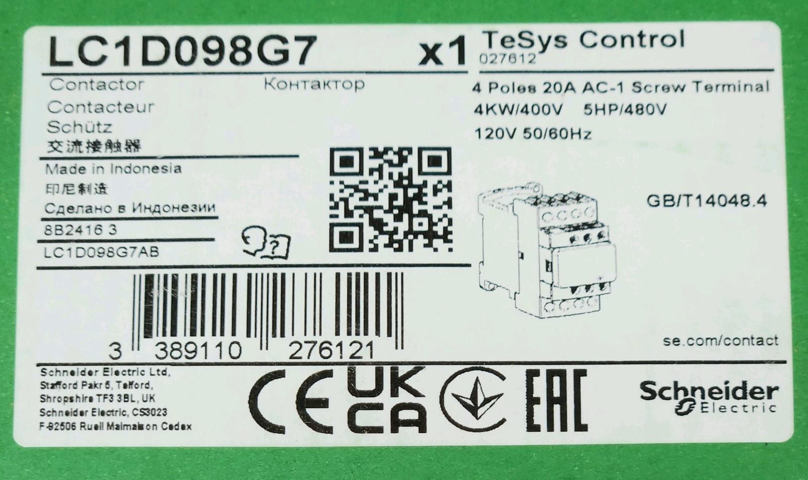 IEC contactor, TeSys Deca, nonreversing, 20A resistive, 4 pole, 2 NO and 2 NC, 120VAC 50/60Hz coil, open style