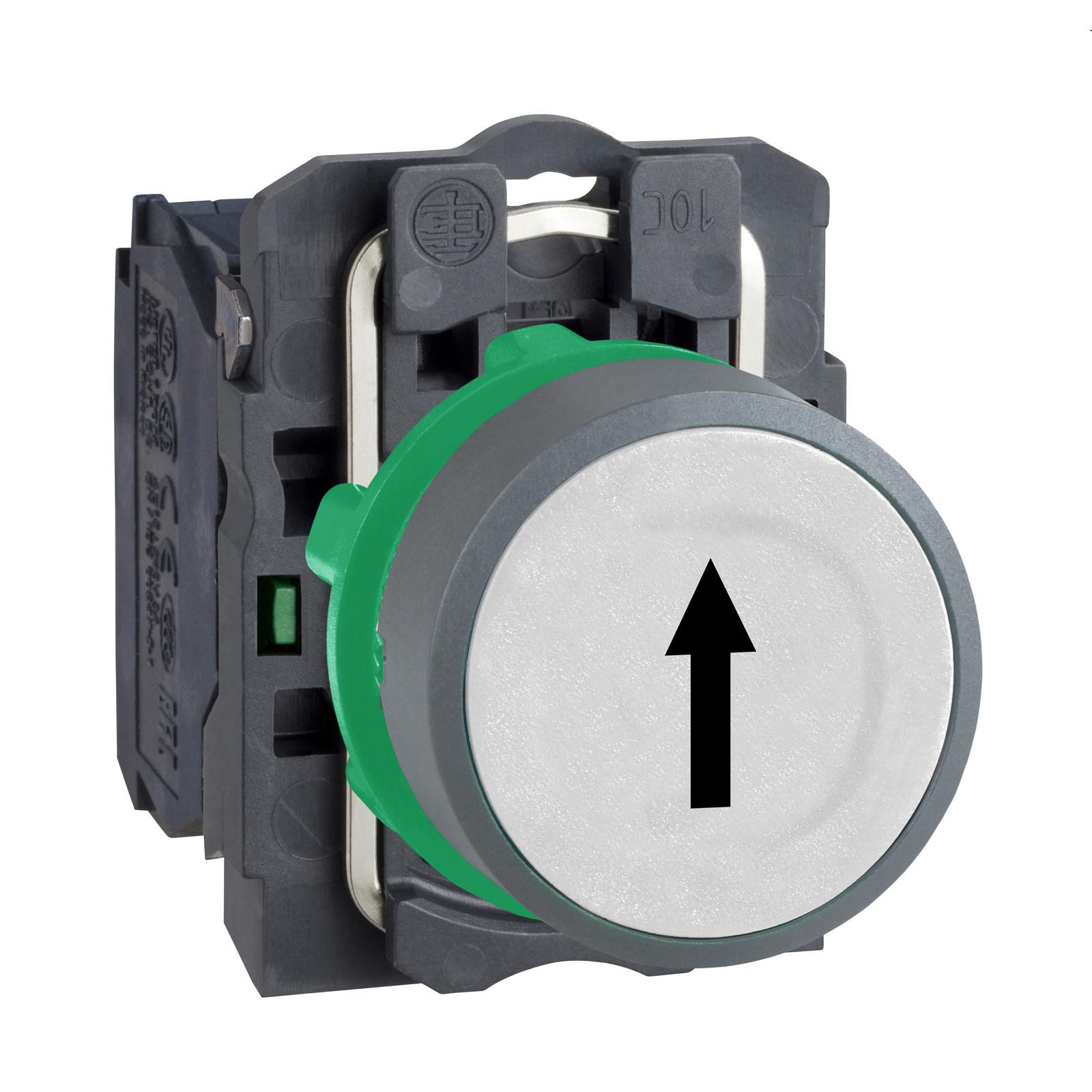 Push button, Harmony XB5, plastic, white, 30mm, spring return, marked with black up arrow, 1NO, grey color plated bezel