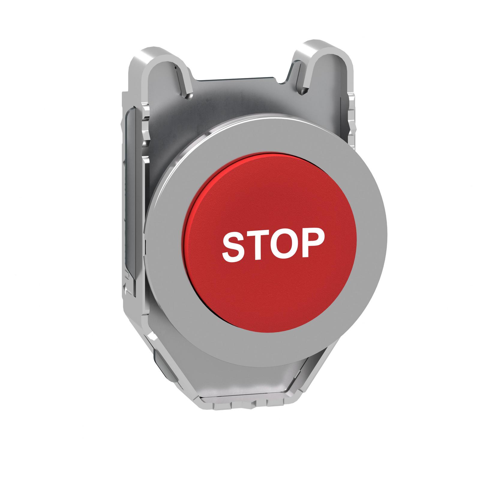 Flush mounted projecting push button head, Harmony XB4, metal, red, 30mm, spring return, marked STOP