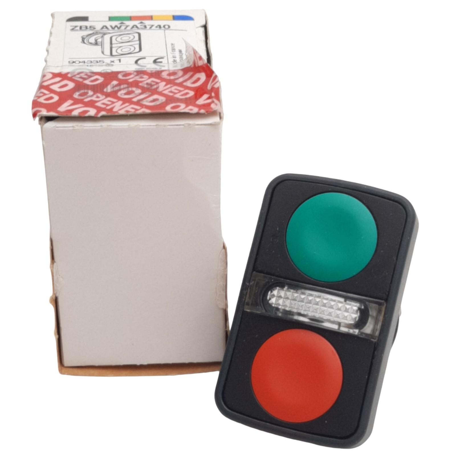 Illuminated double headed push button head, Harmony XB5, plastic, 22mm, 1 green flush + 1 pilot light + 1 red flush, unmarked