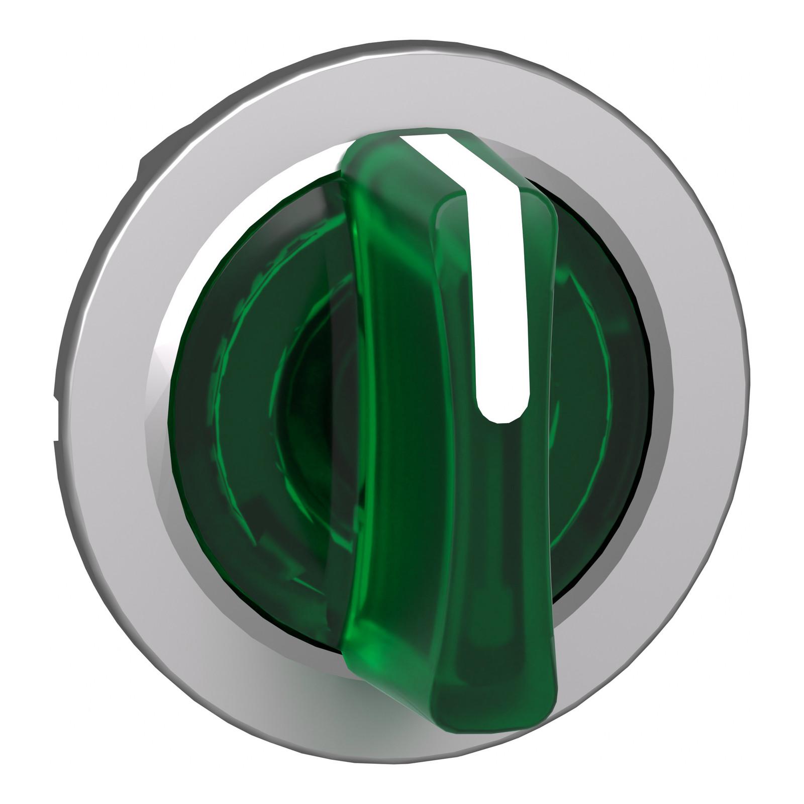 Head for illuminated selector switch, Harmony XB4, metal, green handle, flush mounted, 30mm, universal LED, 3 positions