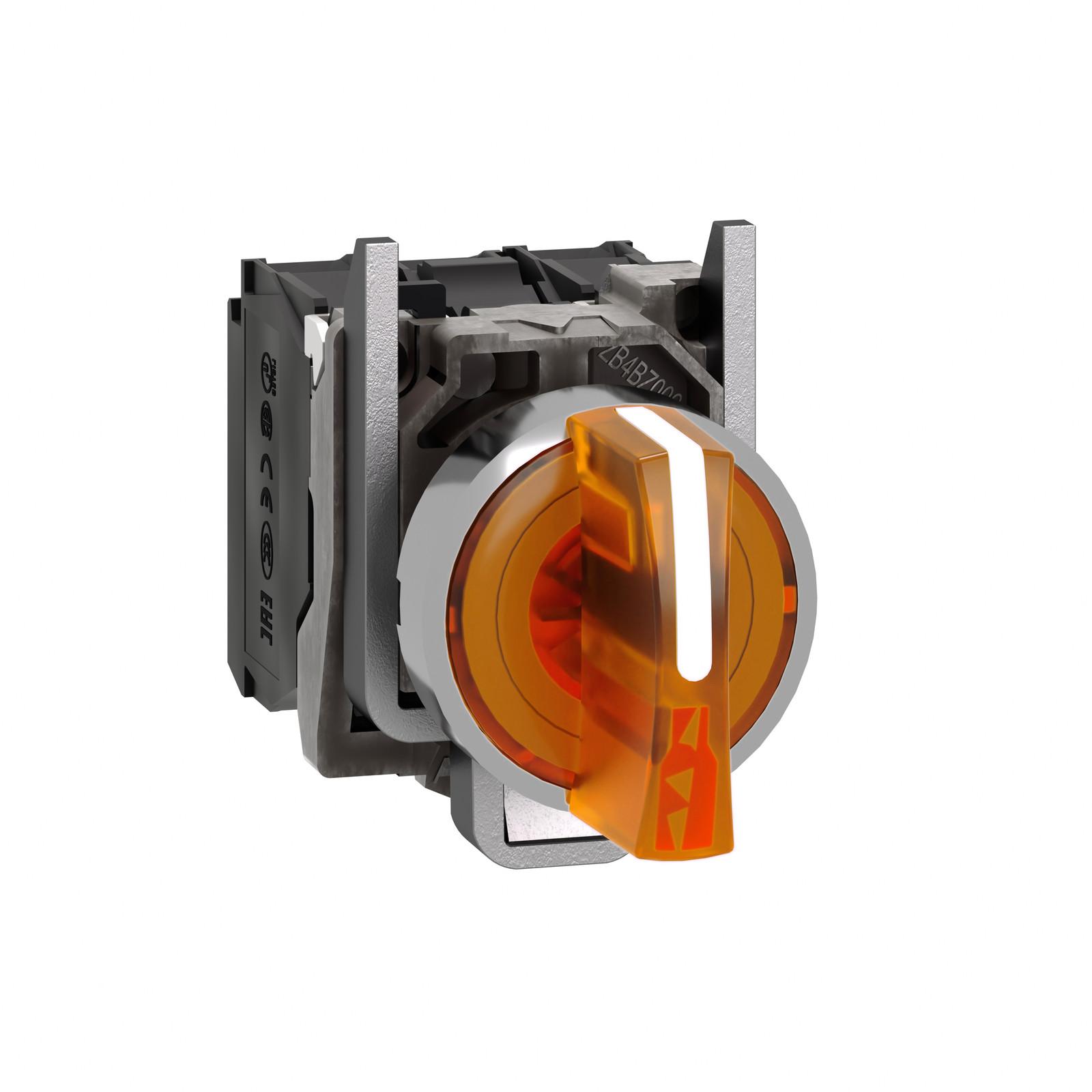 Illuminated selector switch, Harmony XB4, metal, orange handle, 22mm, universal LED, 3 positions, 1NO + 1NC, 24V AC DC