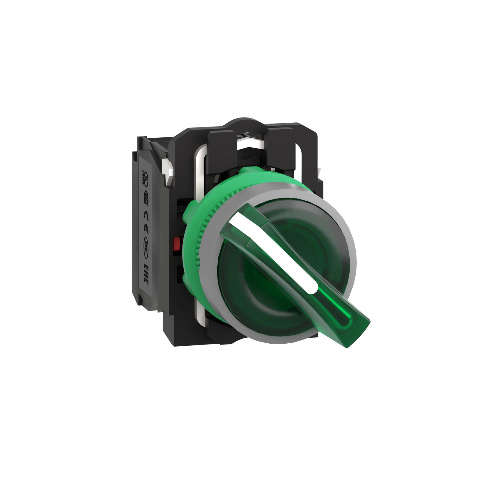 Illuminated selector switch, Harmony XB5, grey bezel, green handle, 22mm, universal LED, 2 positions, 1NO + 1NC, 24V AC DC