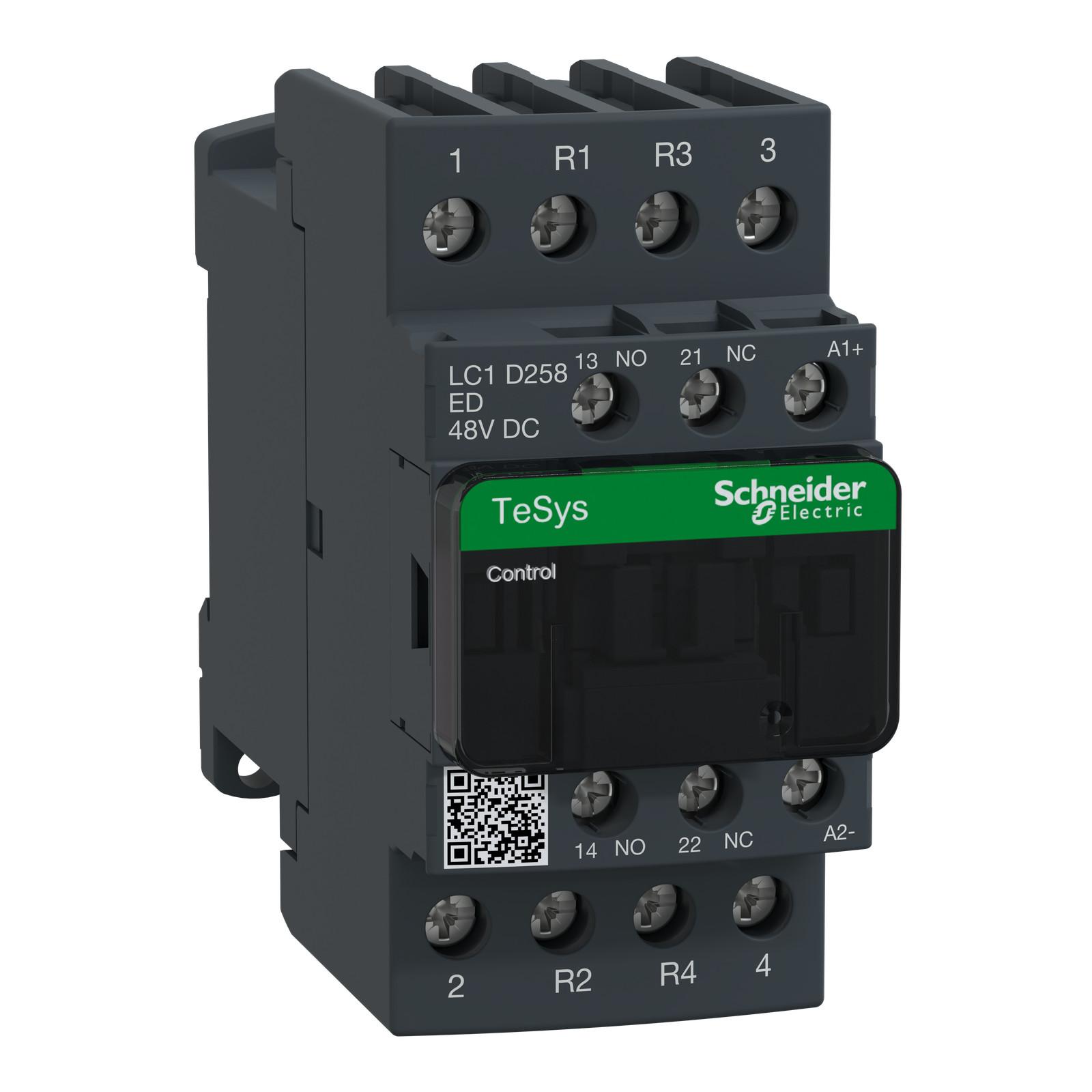 IEC contactor, TeSys Deca, nonreversing, 40A resistive, 4 pole, 2 NO and 2 NC, 48VDC coil, open style