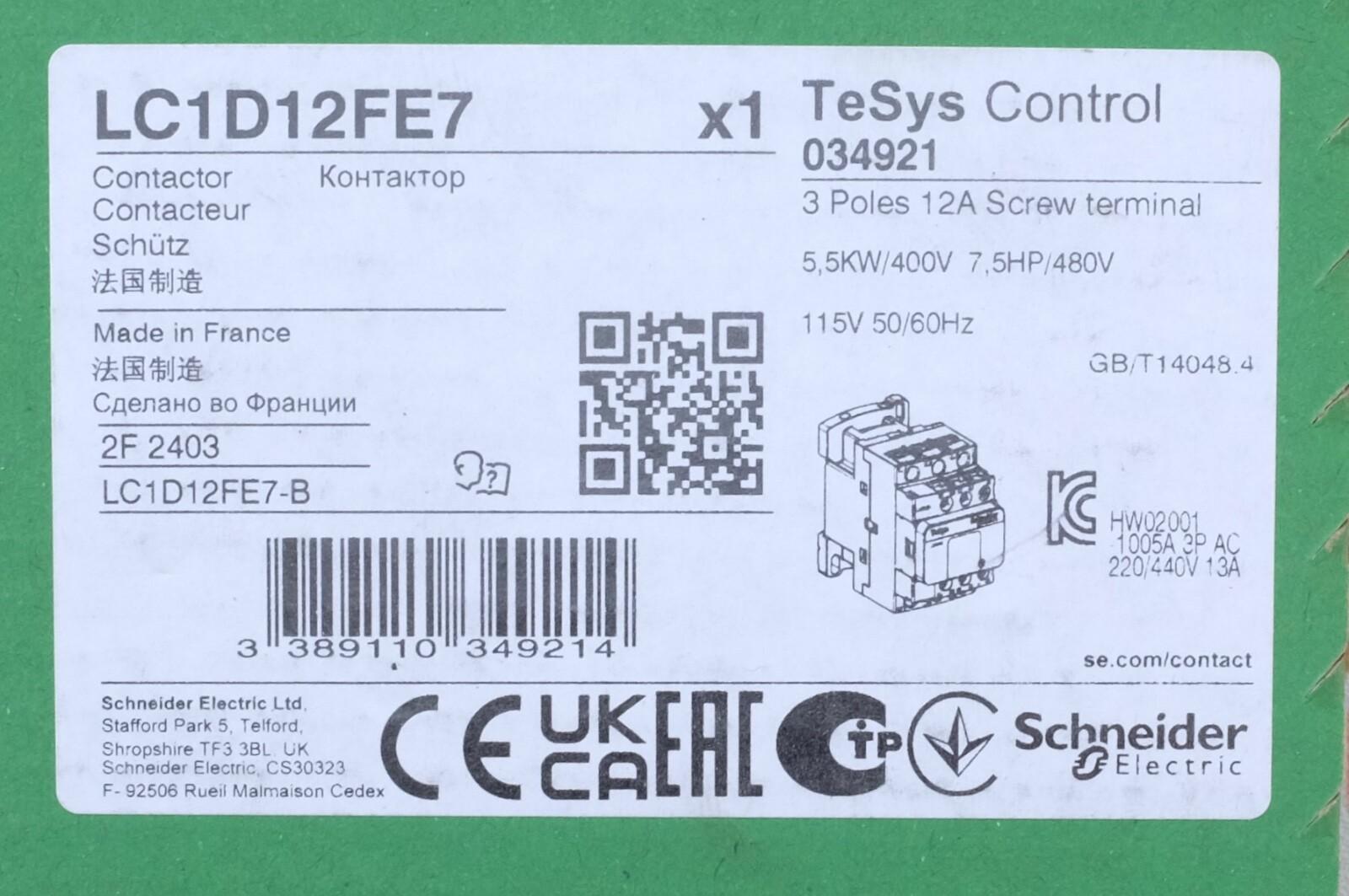 IEC contactor, TeSys Deca, nonreversing, 12A, 7.5HP at 480VAC, up to 100kA SCCR, 3 phase, 3 NO, 115VAC 50/60Hz coil, open