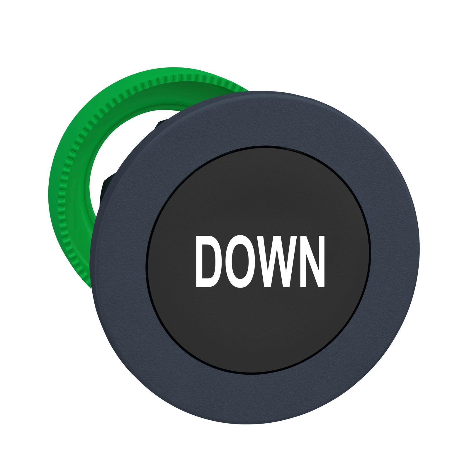 Harmony XB5, Antimicrobial Flush mounted push button head, plastic, black, Ø30, spring return, marked DOWN, dark grey bezel