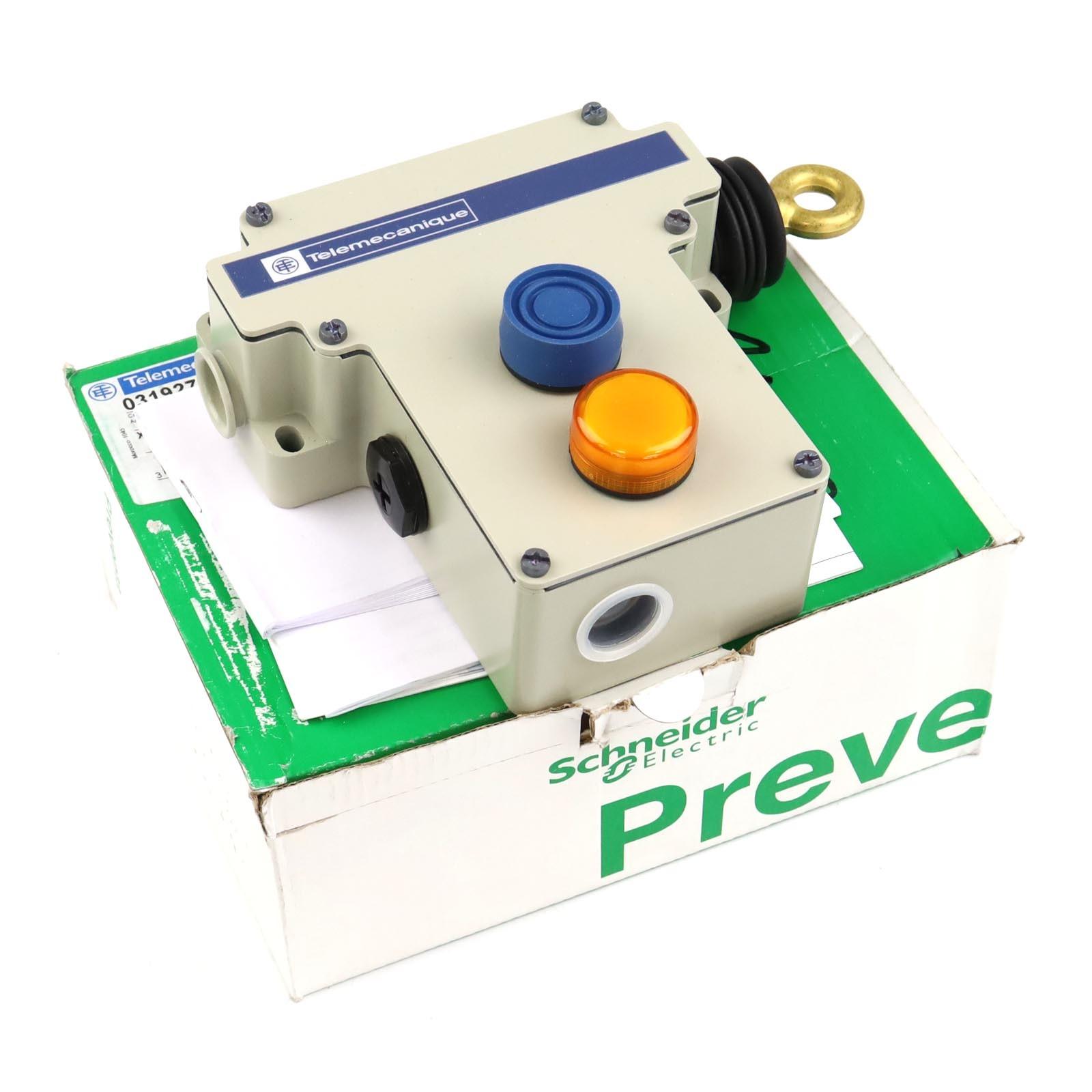 Latching emergency stop rope pull switch, Telemecanique rope pull switches XY2C, RH side, 2NC+2 NO, pilot light 130 V, boot