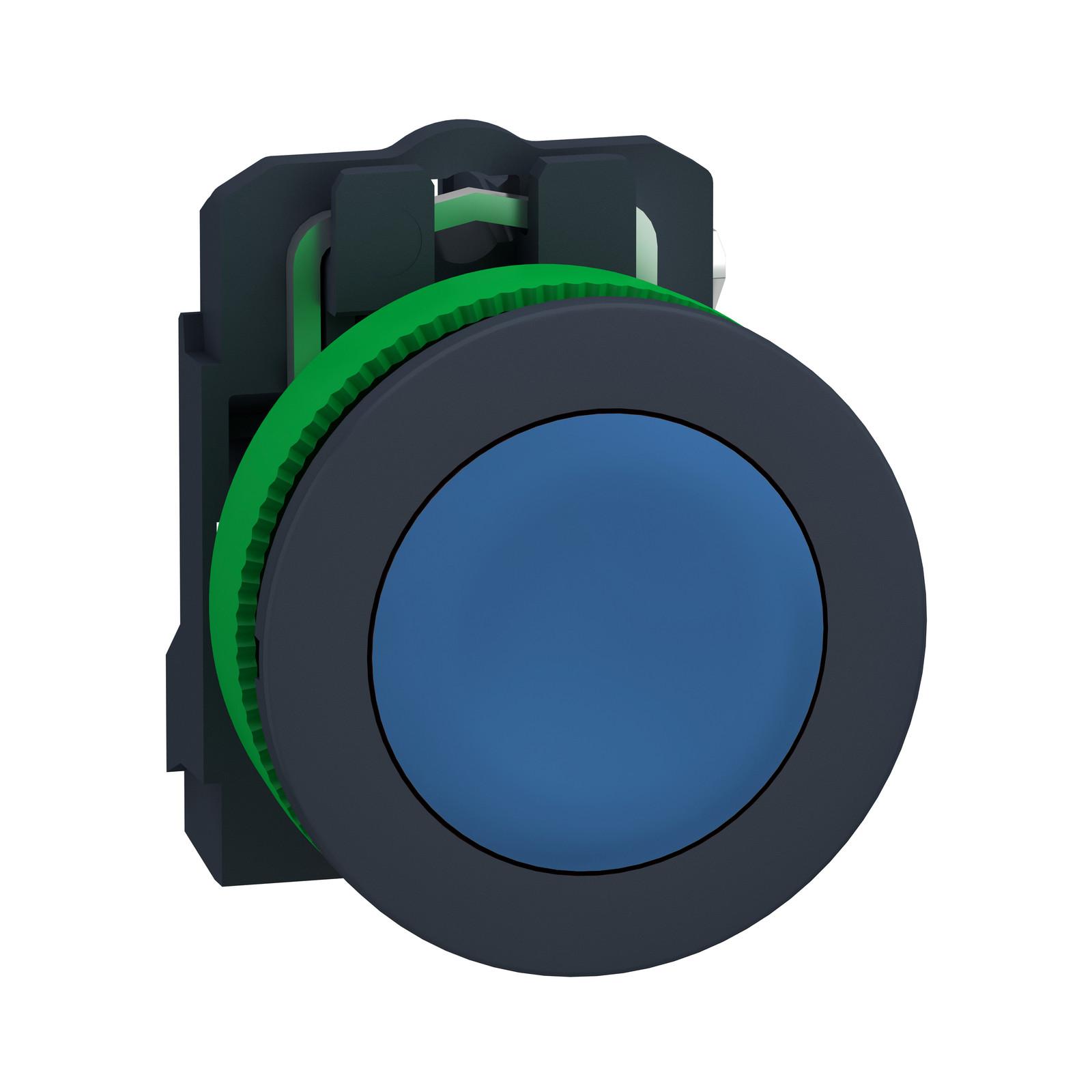 Antimicrobial Push button flush mounted, Harmony XB5, plastic, blue, 30mm, spring return, unmarked, 1NO