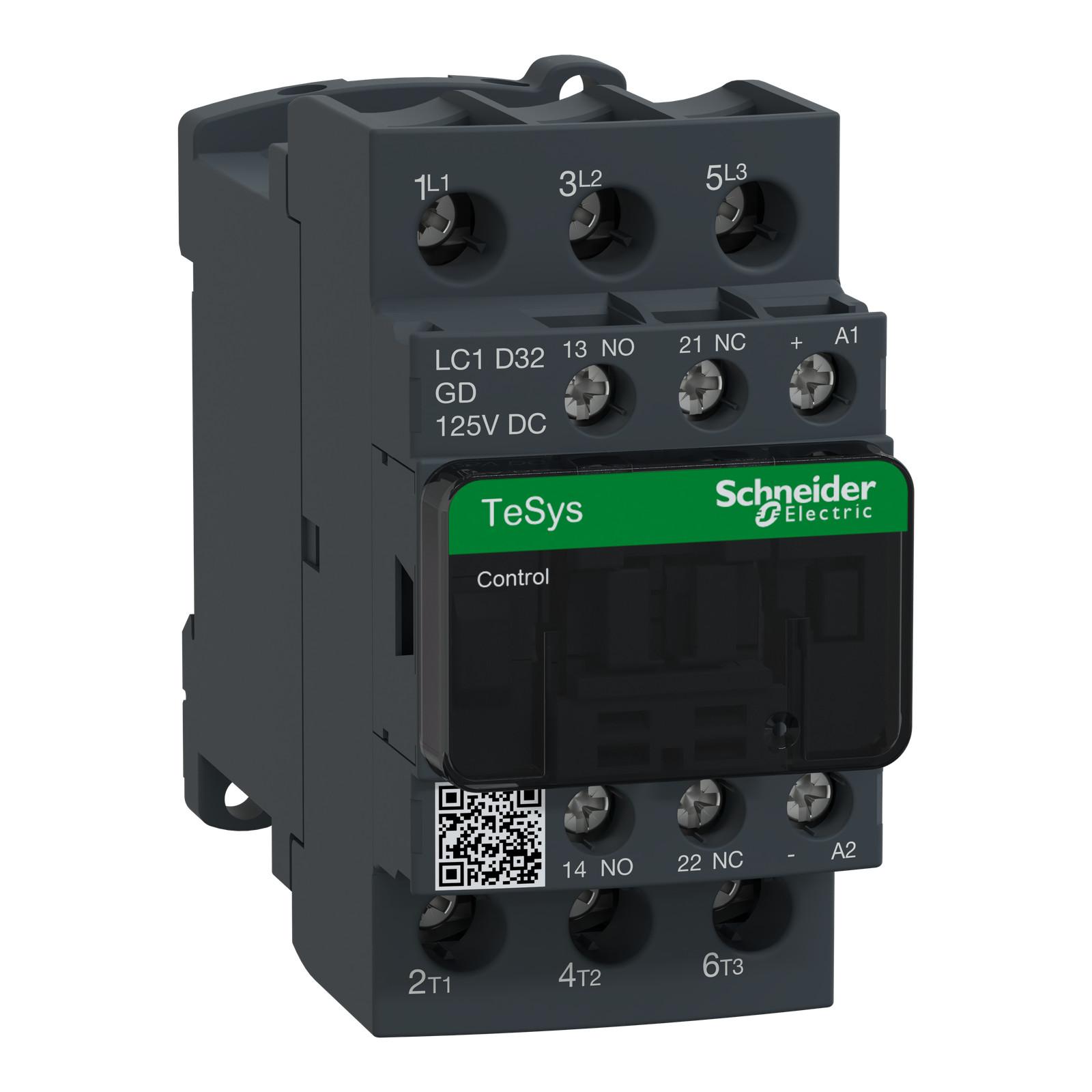 IEC contactor, TeSys Deca, nonreversing, 32A, 20HP at 480VAC, up to 100kA SCCR, 3 phase, 3 NO, 125VDC coil, open style
