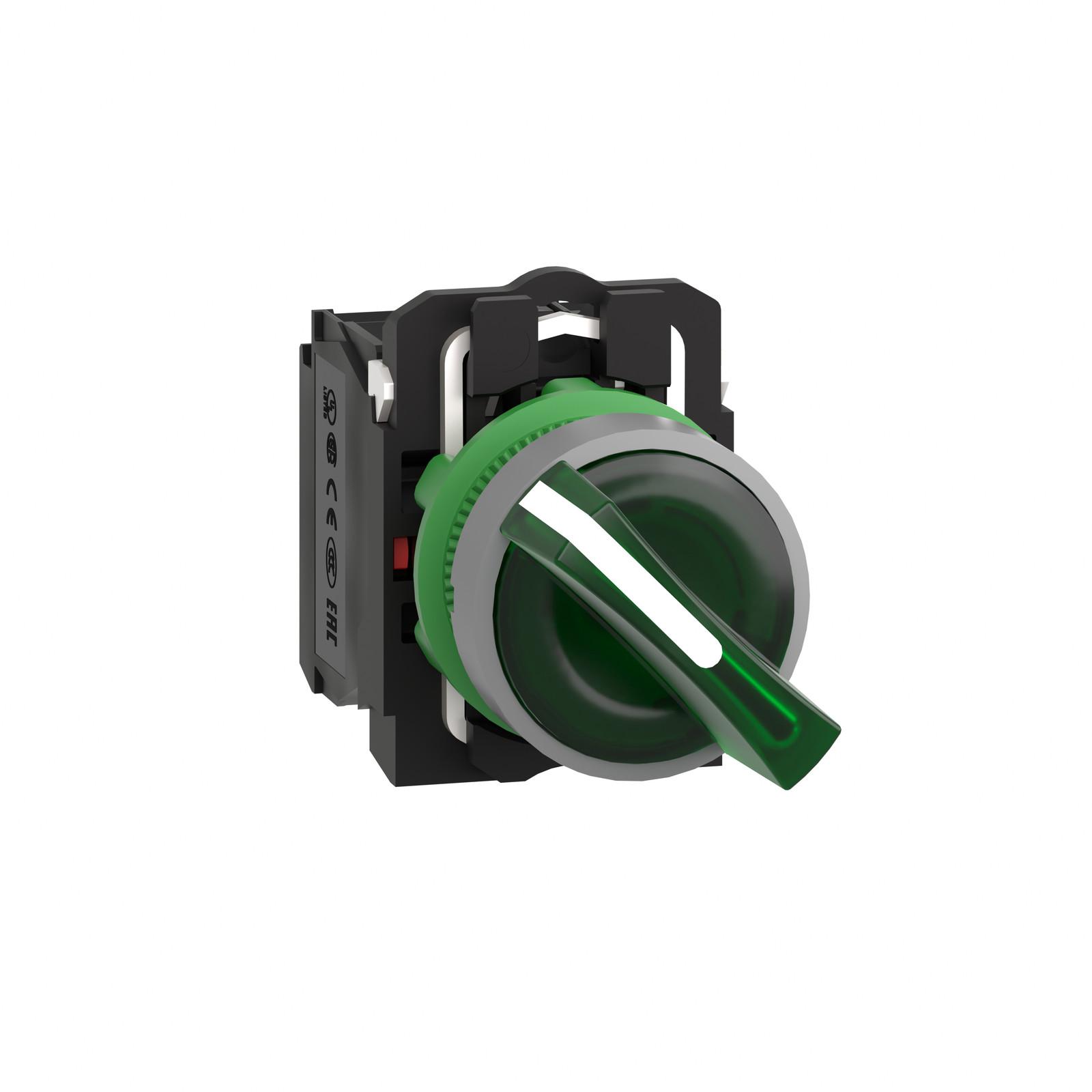 Illuminated selector switch, Harmony XB5, universal LED, grey bezel, green handle, 22mm, 2 positions, stay put, 1NO + 1NC, 230V AC