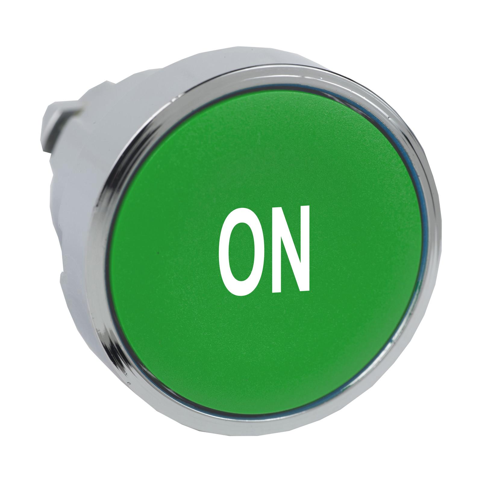 Head for illuminated push button, Harmony XB4, metal, green flush, 22mm, spring return, white marked ON