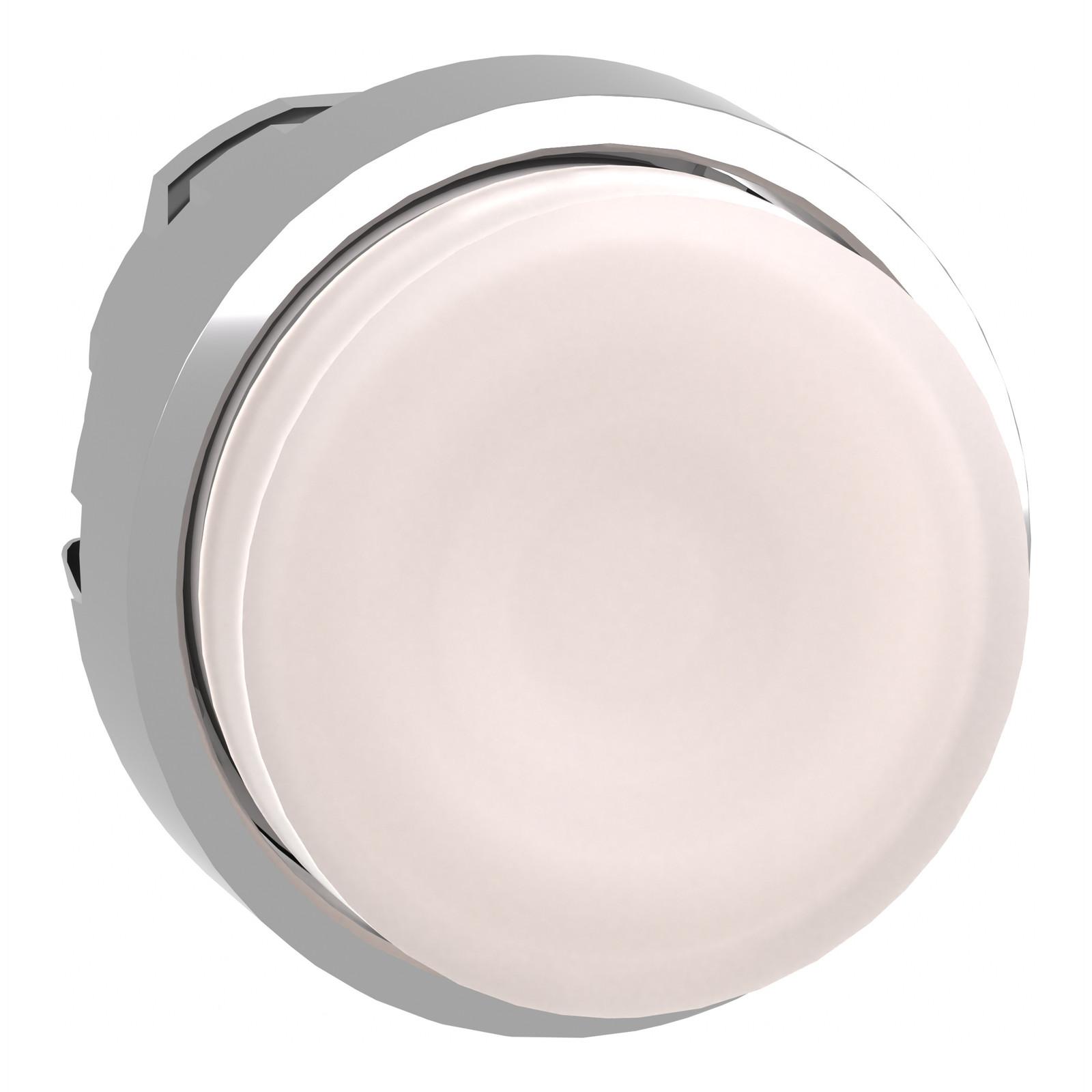 Head for illuminated push button, Harmony XB4, metal, white projecting, 22mm, universal LED, spring return, plain lens