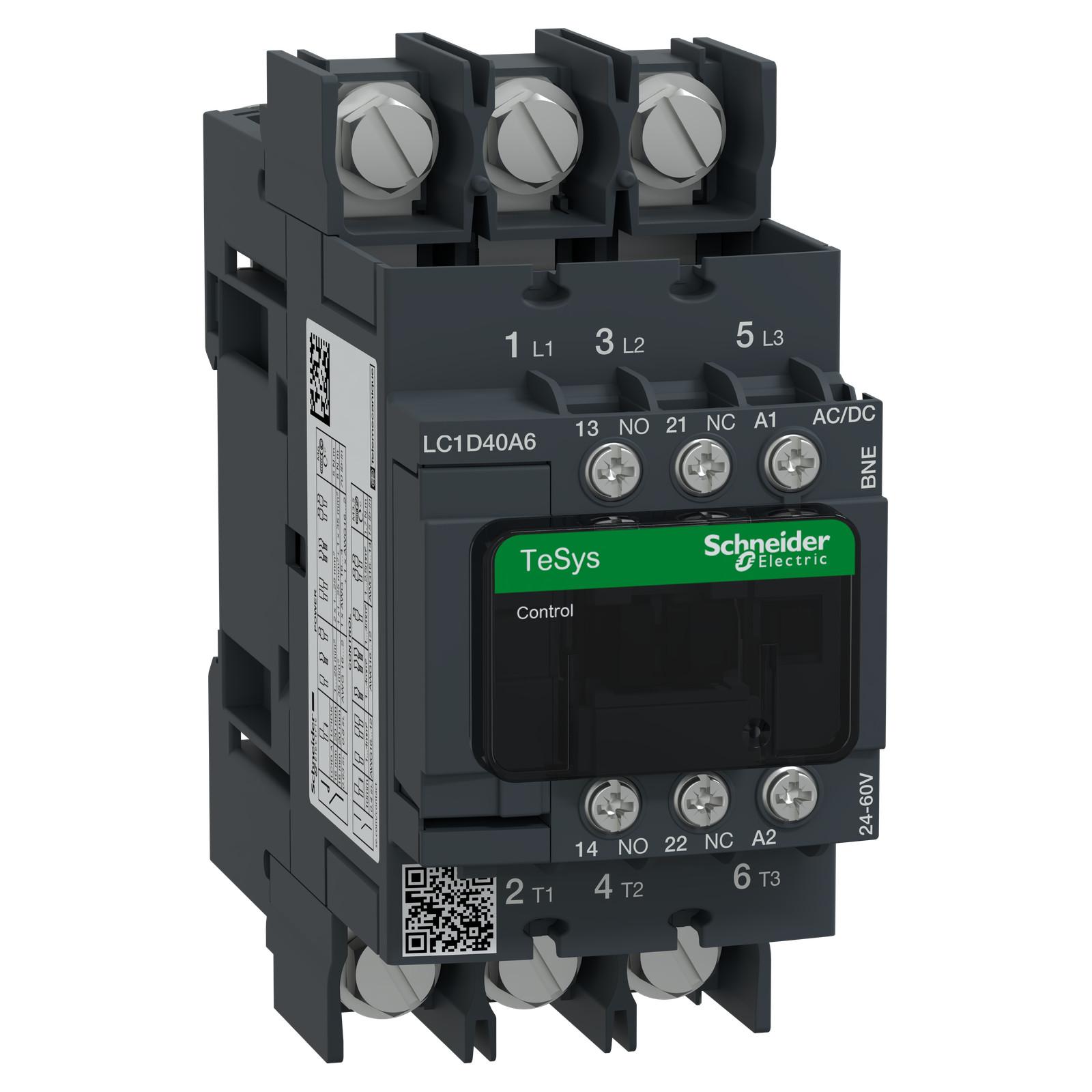 IEC contactor, TeSys Deca Green, nonreversing, 40A, 30HP at 480VAC, 3 phase, 3 pole, 3 NO, 24/60VAC/VDC coil, open style