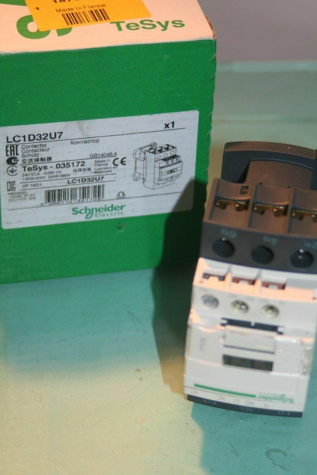 IEC contactor, TeSys Deca, nonreversing, 32A, 20HP at 480VAC, up to 100kA SCCR, 3 phase, 3 NO, 240VAC 50/60Hz coil, open