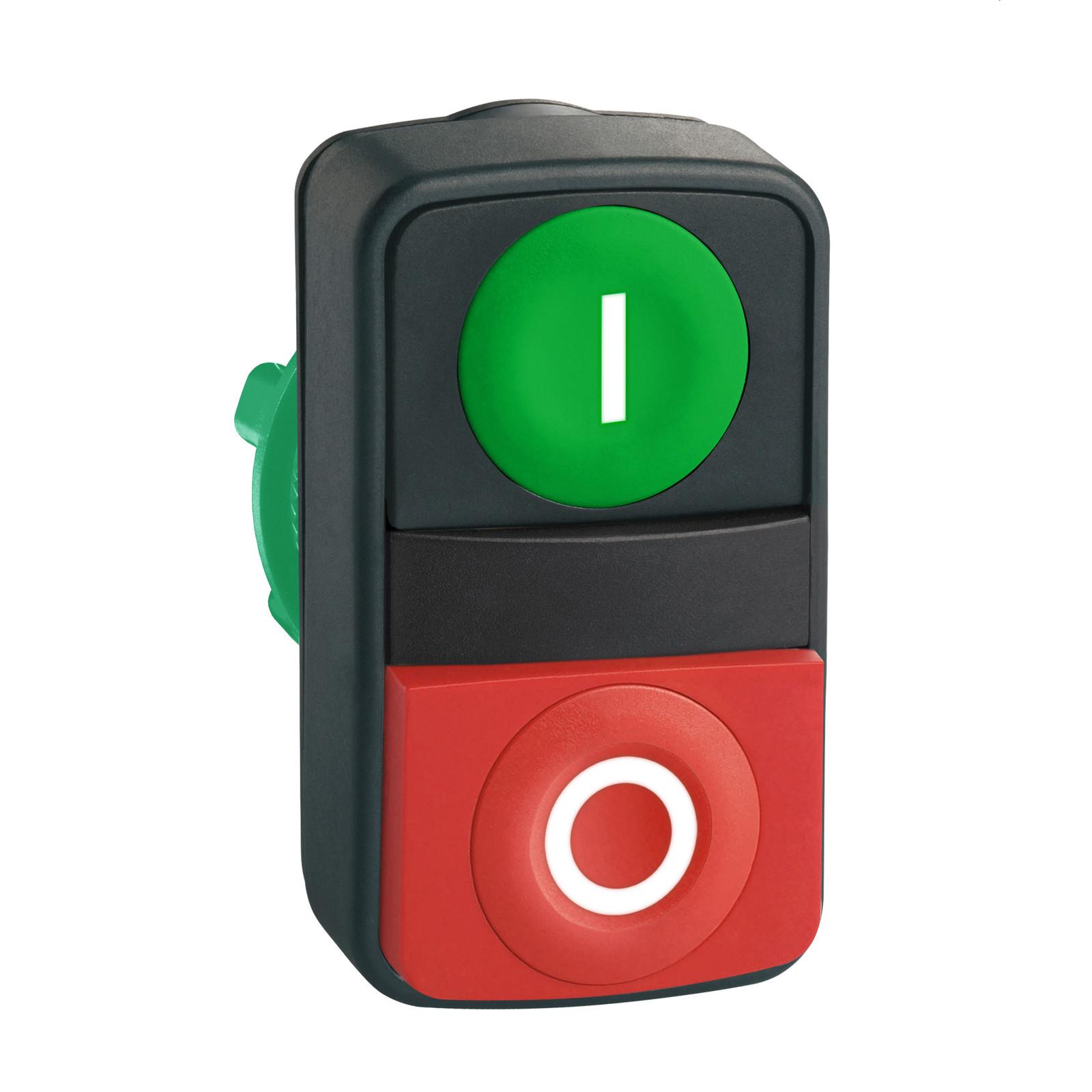 Head for illuminated double headed push button, Harmony XB5, 1 green flush/ 1 red projecting, 22mm, unmarked
