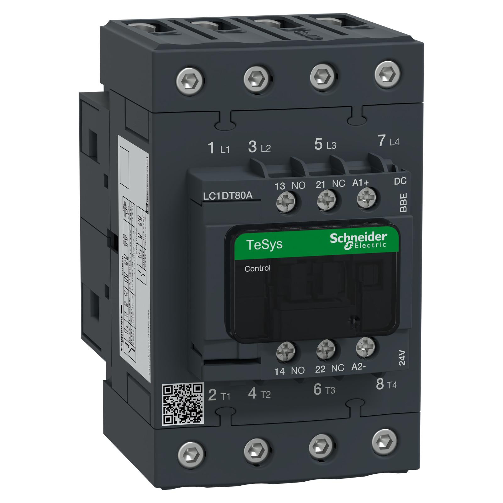 IEC contactor, TeSys Deca Green, nonreversing, 80A resistive, 4 pole, 4 NO, 24VDC coil, open style