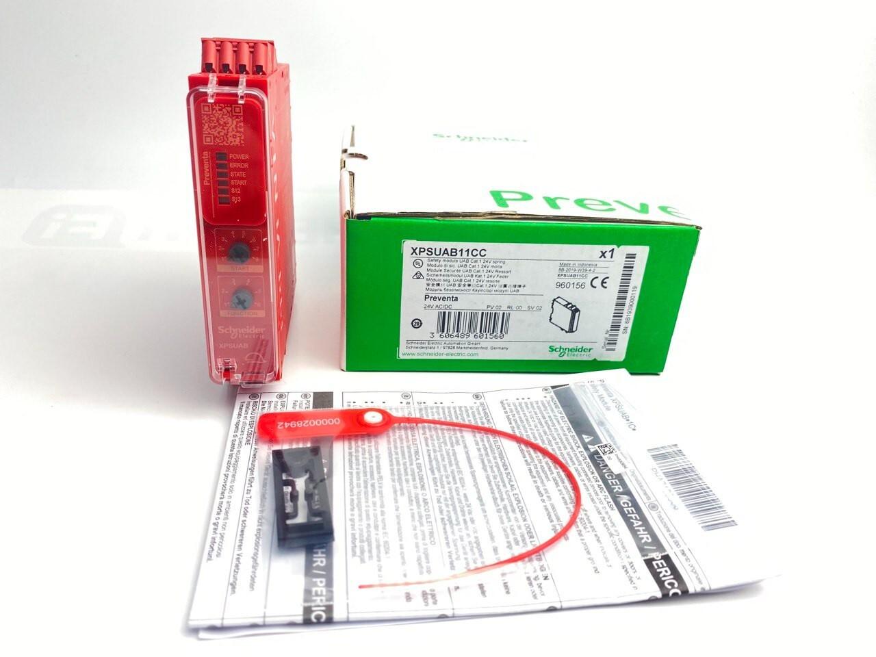safety module, Harmony XPSU, Cat 1, potential free 2 NC, NO NC, 2 PNP, 24V AC or DC, spring