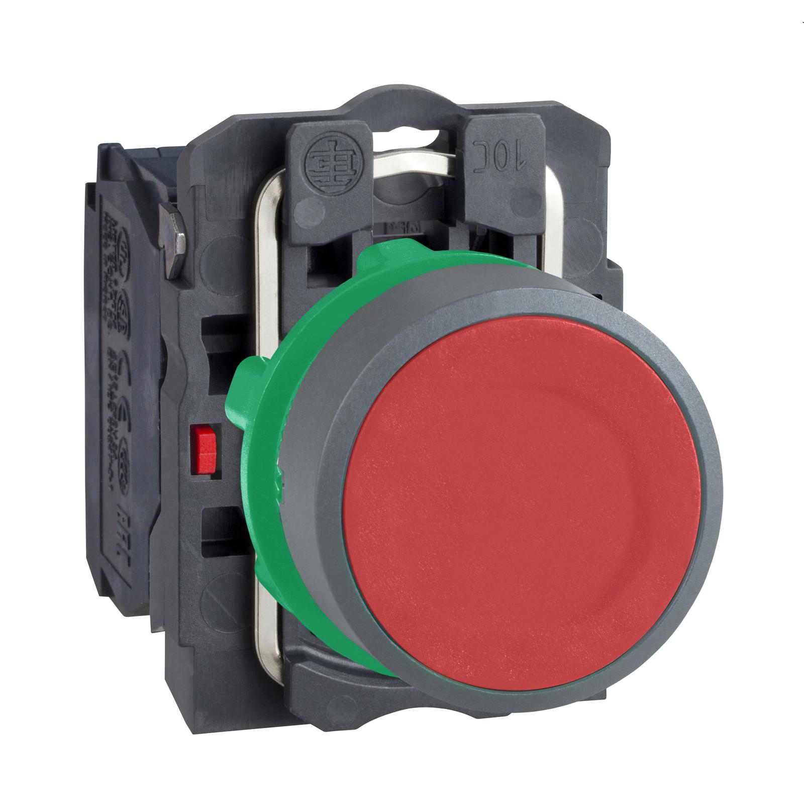 Push button, Harmony XB5, red flush, grey bezel, 22mm, spring return, 1NC, unmarked