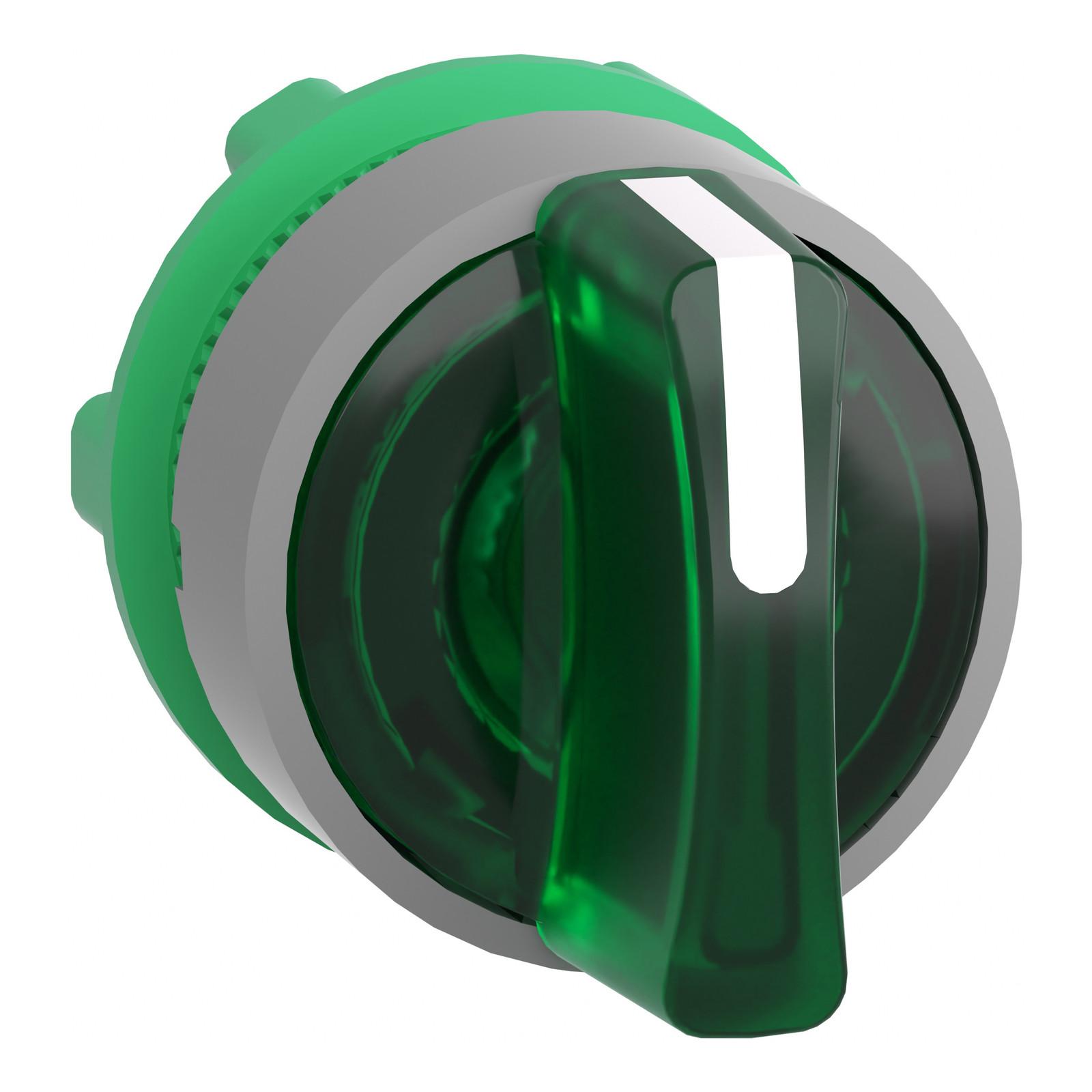Head for illuminated selector switch, Harmony XB5, grey bezel, green handle, 22mm, universal LED, 3 positions
