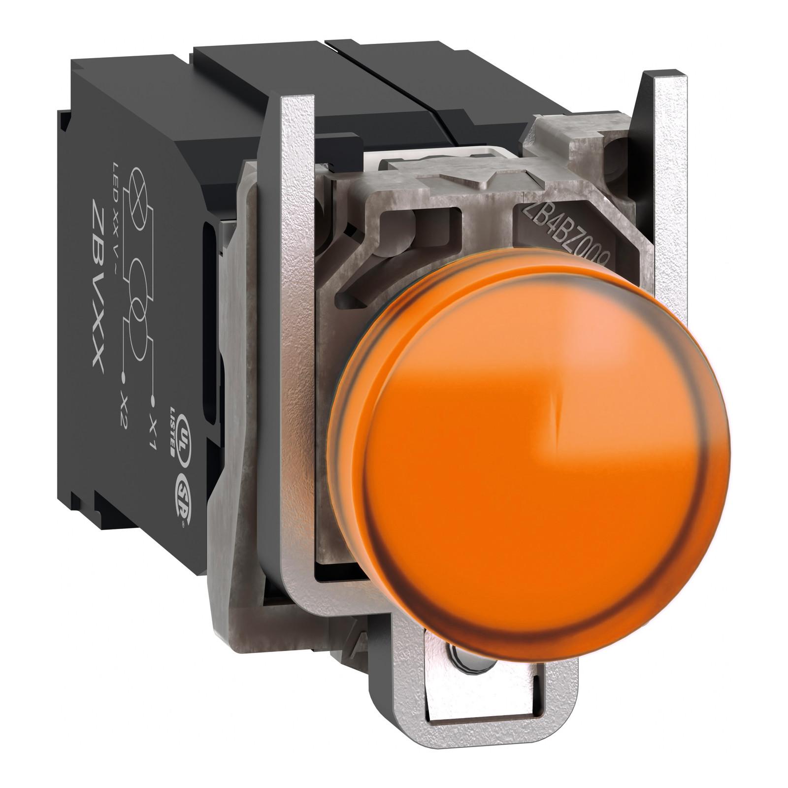 Pilot light, Harmony XB4, metal, protected LED light, orange, 22mm, with plain lens, universal LED, 400V