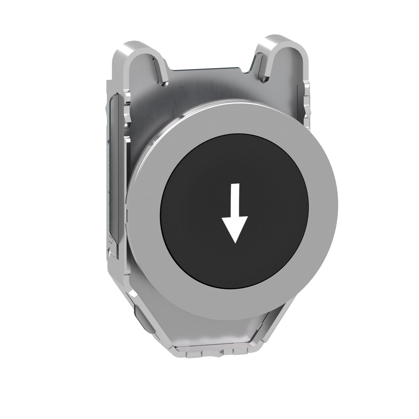 Flush mounted push button head, Harmony XB4, metal, black, 30mm, spring return, marked DOWN ARROW