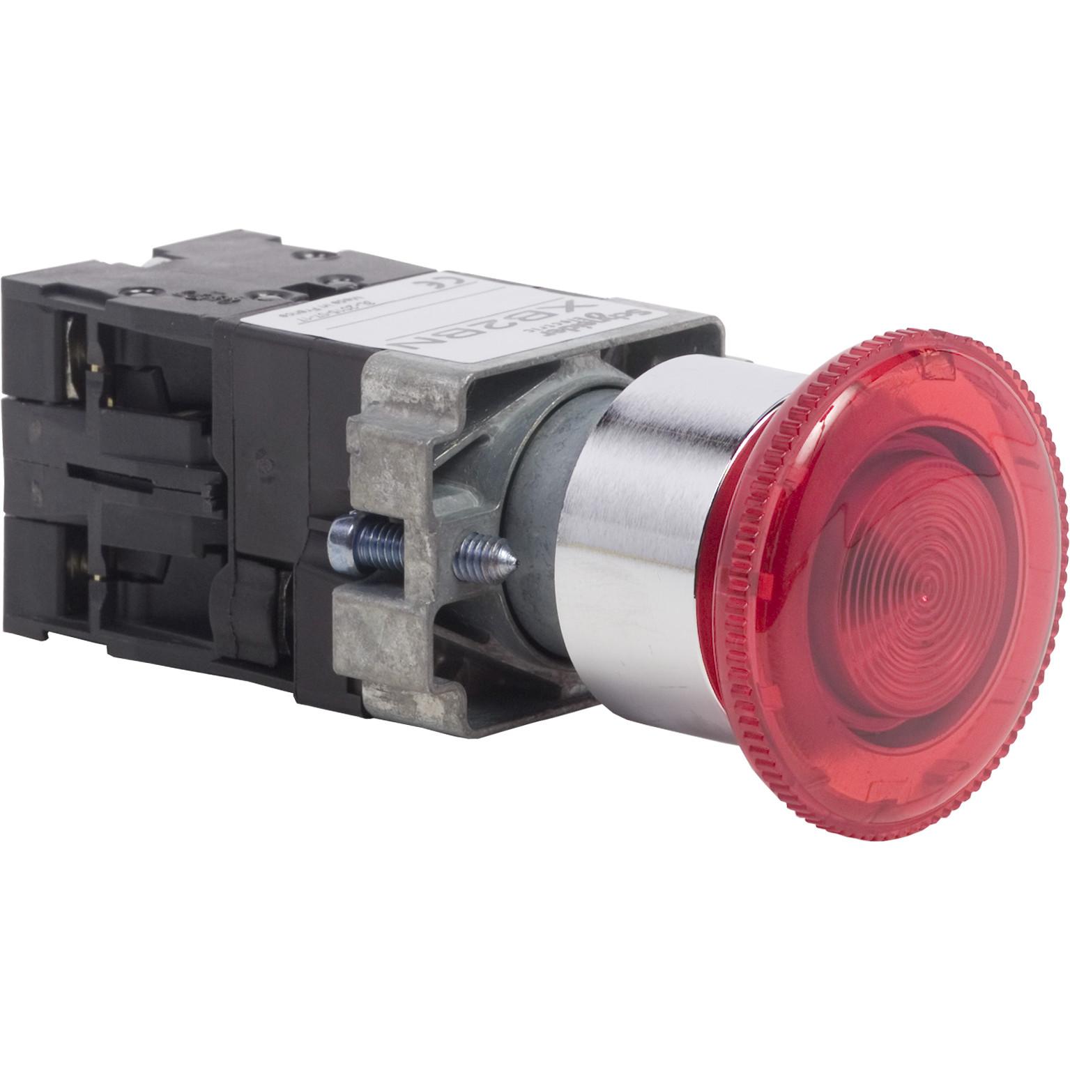 22mm push button, Harmony XB2, illuminated mushroom push button, maintained, red 40mm mushroom, 10A, 600VAC