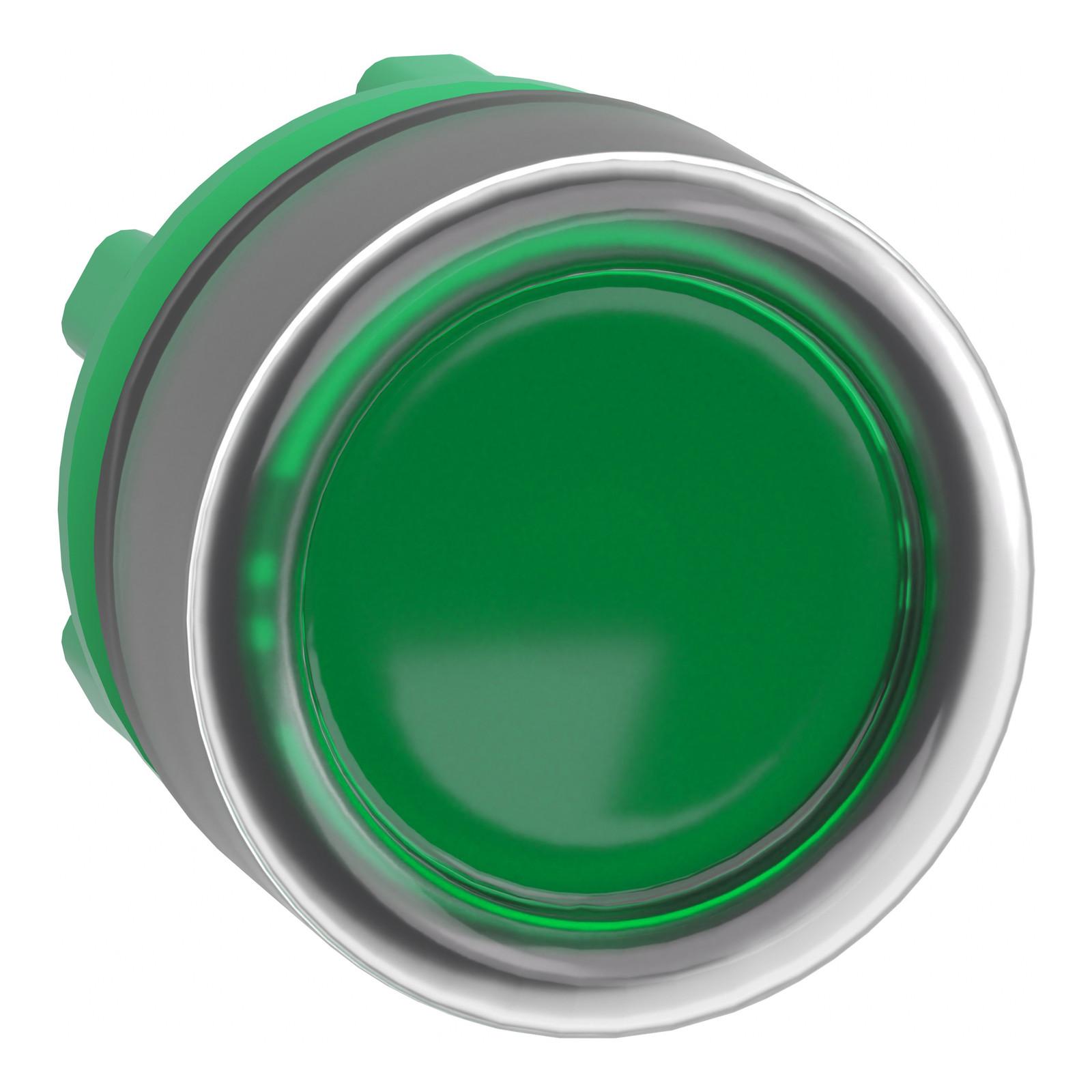 Head for illuminated push button, Harmony XB5, plastic, green flush, 22mm, universal LED, plain lens, clear boot