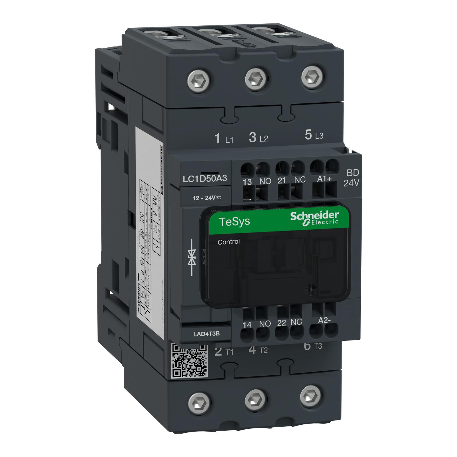 IEC contactor, TeSys Deca, nonreversing, 50A, 40HP at 480VAC, 3 phase, 3 pole, 3 NO, 24VDC coil, open style
