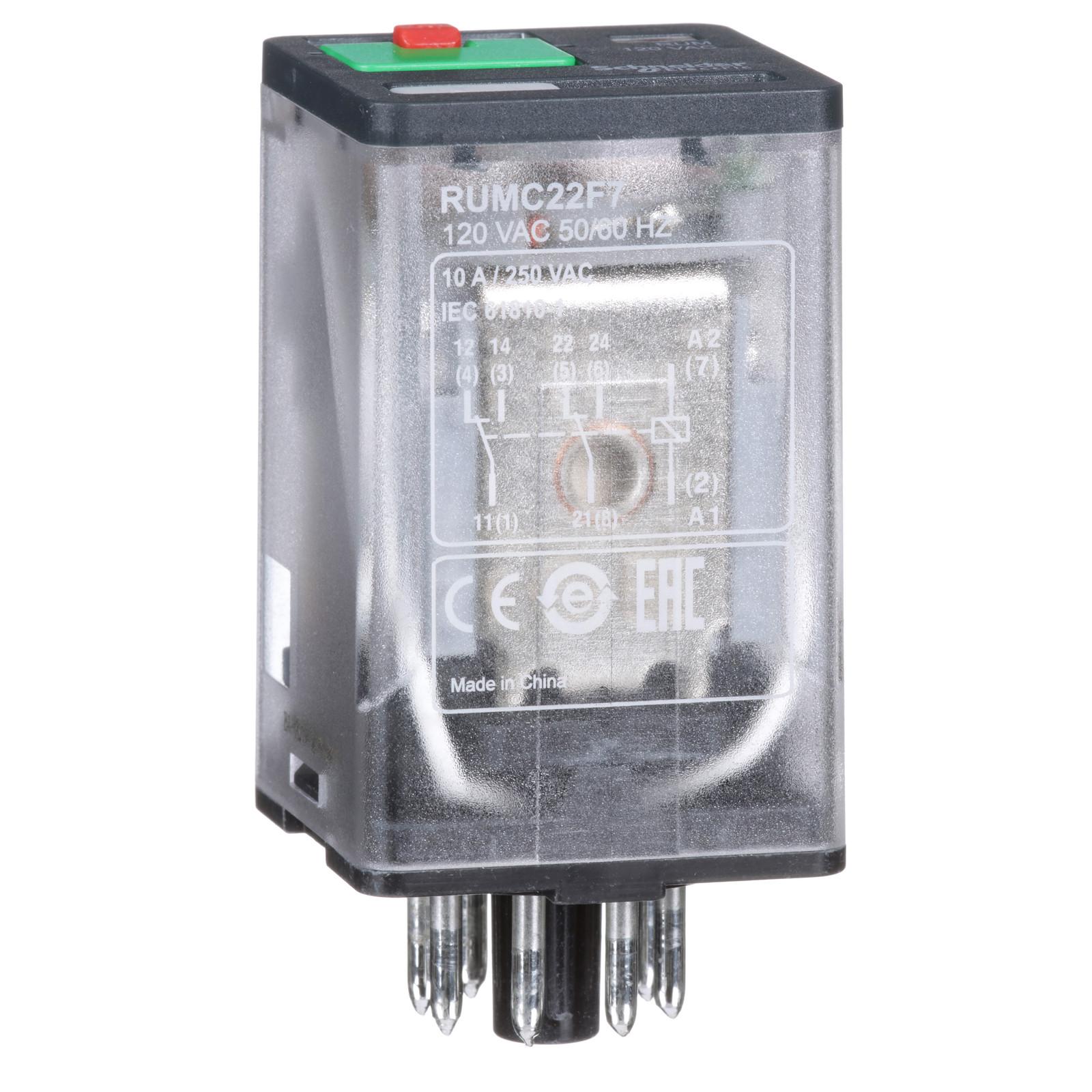 Harmony RUM, universal plugin relay, 2 C/O, octal base, 10 A, 120 VAC, with LED