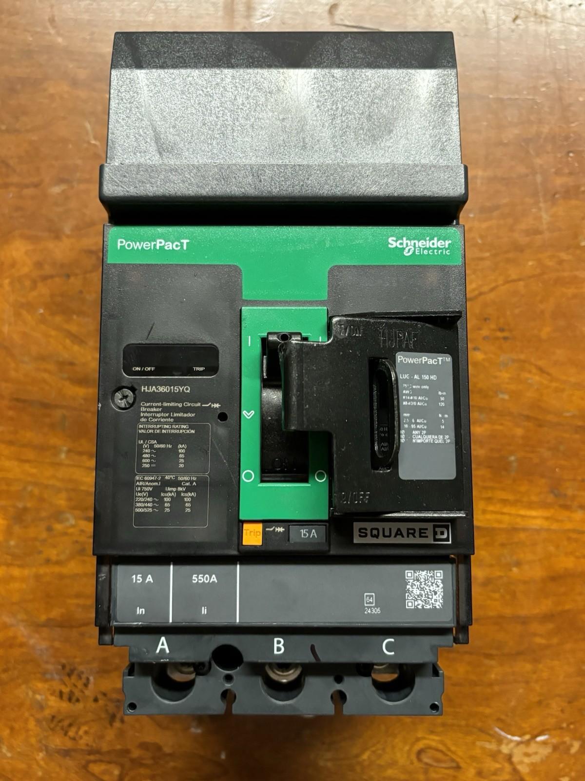 Circuit breaker, PowerPacT H, 15A, 3 pole, 600VAC, 25kA, I-Line, thermal magnetic, 80%, ABC