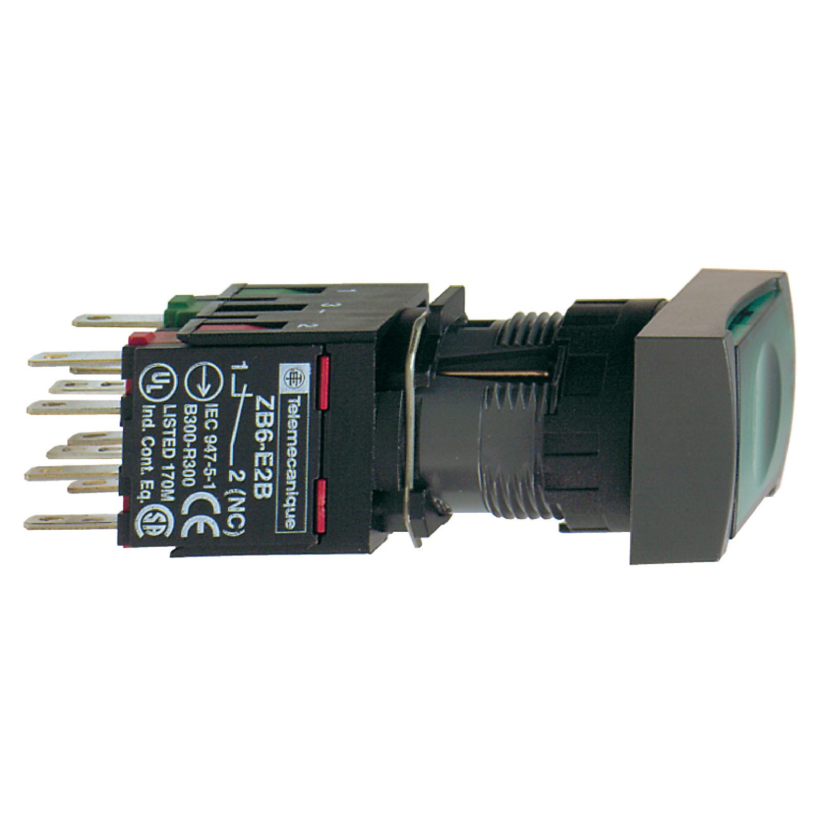Complete illuminated push button, Harmony XB6, green rectangular flush, 16mm, latching 1NO 12...24V