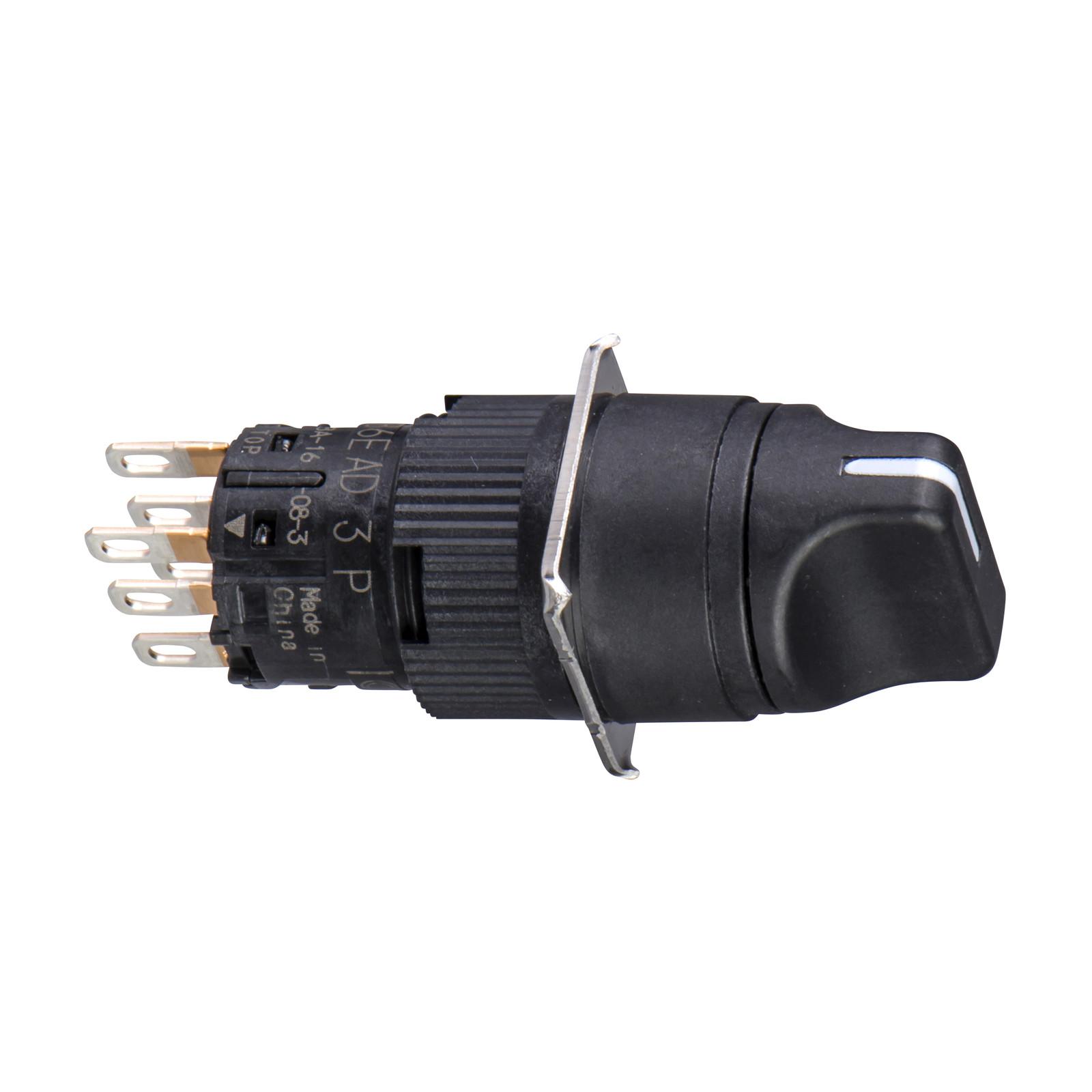 Monolithic selector switch, Harmony XB6E, round black, 16mm, 2 positions, projecting handle, stay put, 1CO