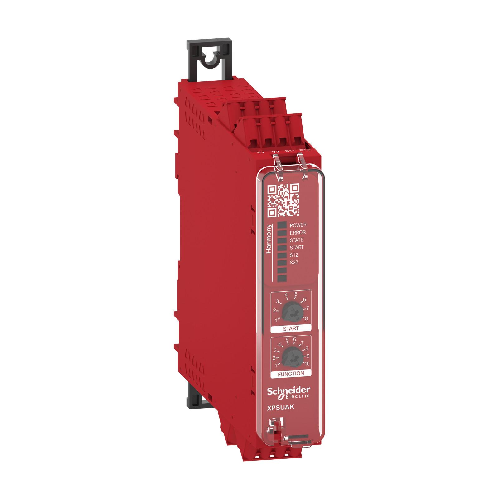 safety module, Harmony XPSU, Cat 4, features XPSUAF with PNP or NPN, safety mat, 24V AC or DC, spring