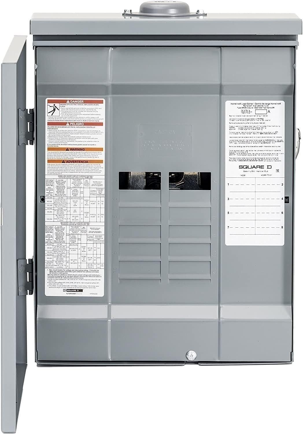 Load center, Homeline, 1 phase, 8 spaces, 16 circuits, 125A convertible main lugs, PoN, NEMA3R