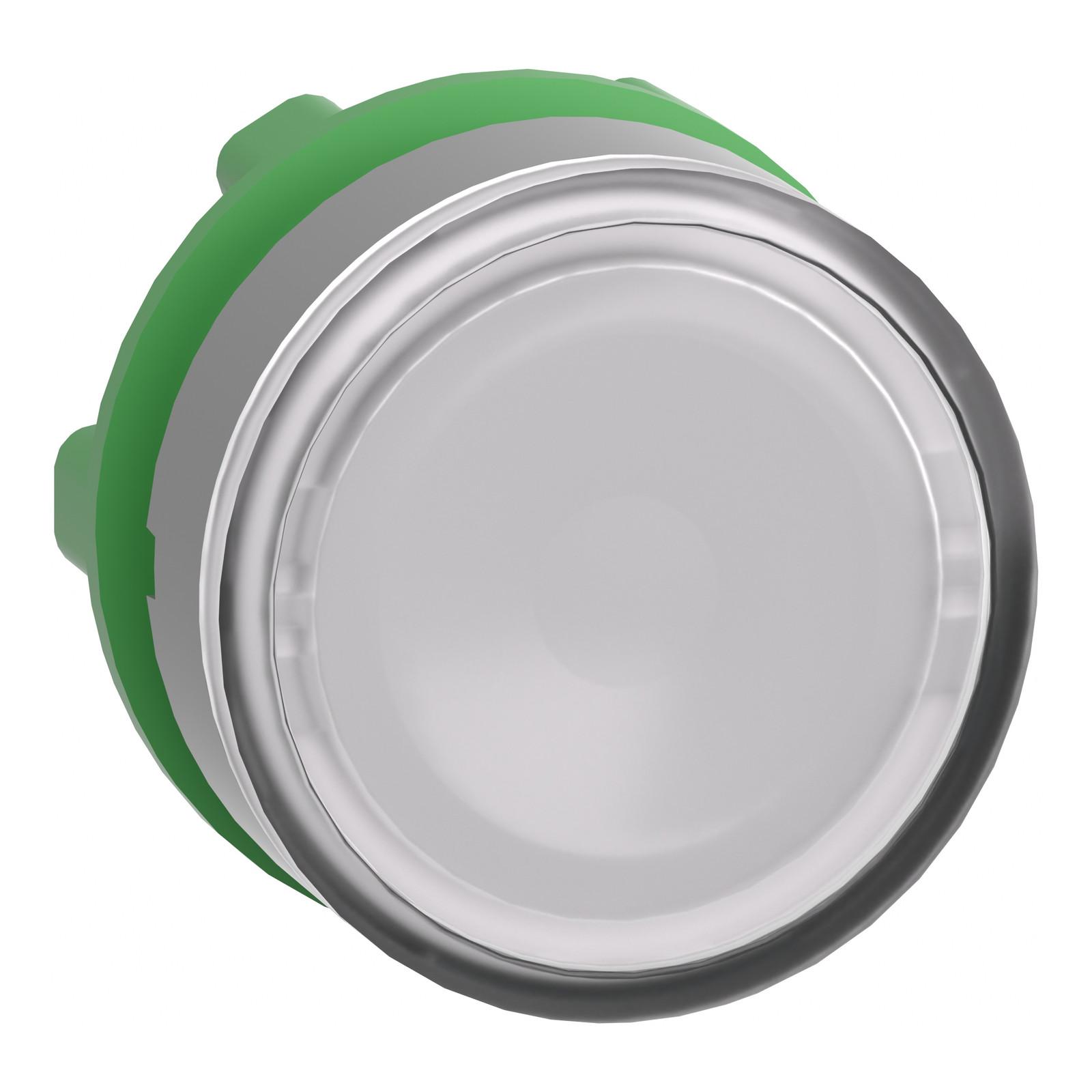 Head for illuminated push button, Harmony XB5, grey bezel, white flush, 22mm, universal LED, spring return, plain lens