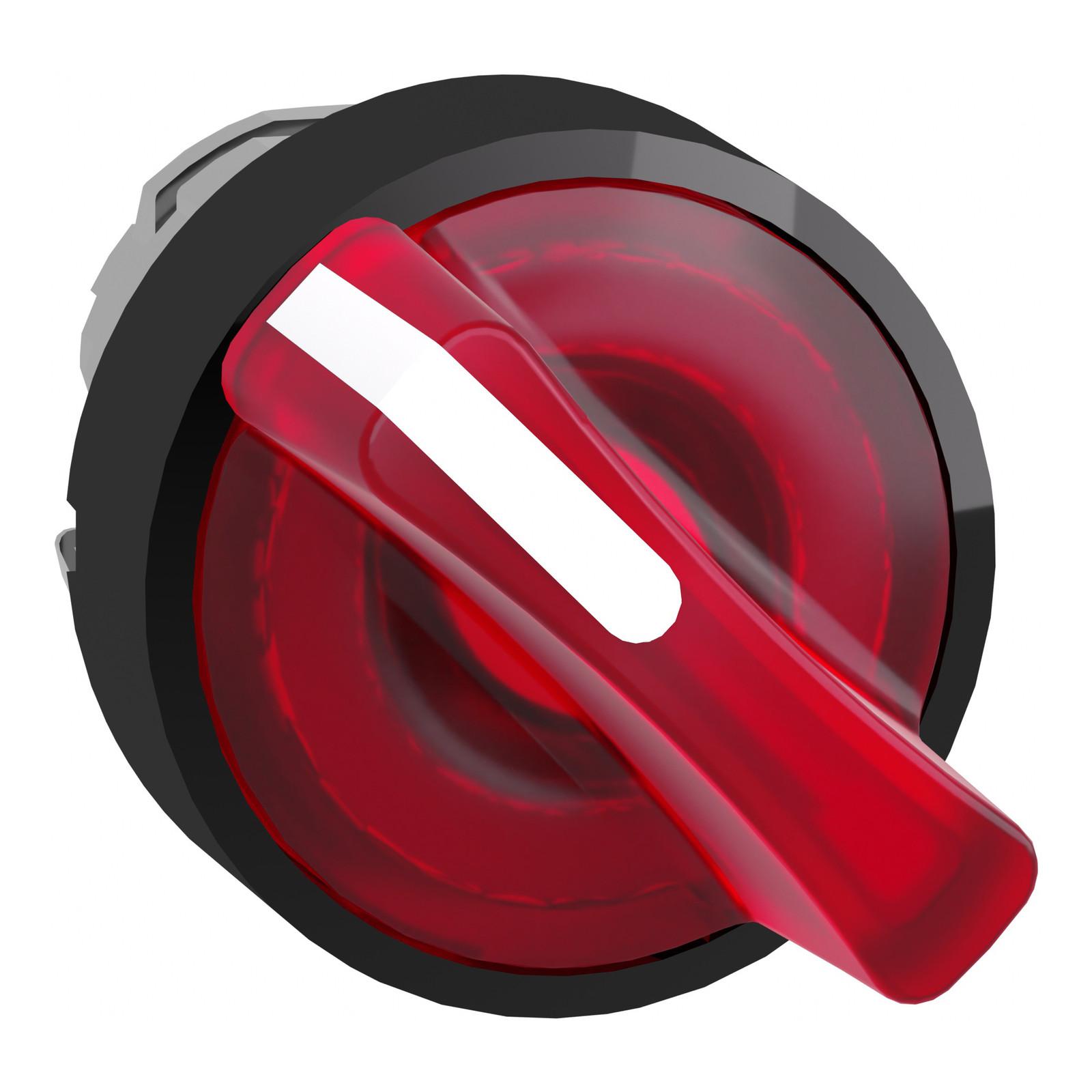 Head for illuminated selector switch, Harmony XB4, black metal, red handle, 22mm, universal LED, 2 positions, stay put