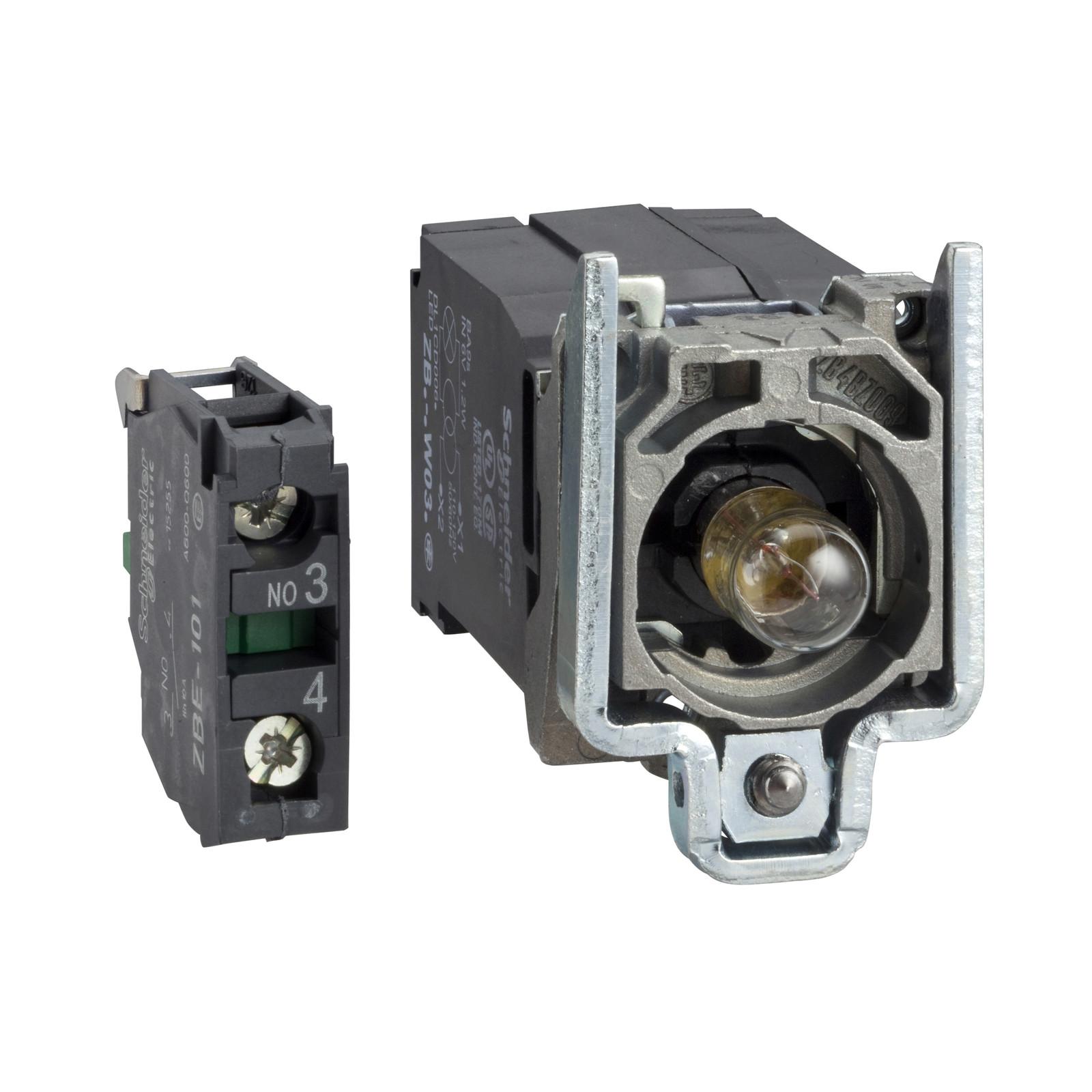Complete body/contact assembly and light block, Harmony XB4, with body/fixing collar, BA9s incandescent bulb, 400V, 1NO