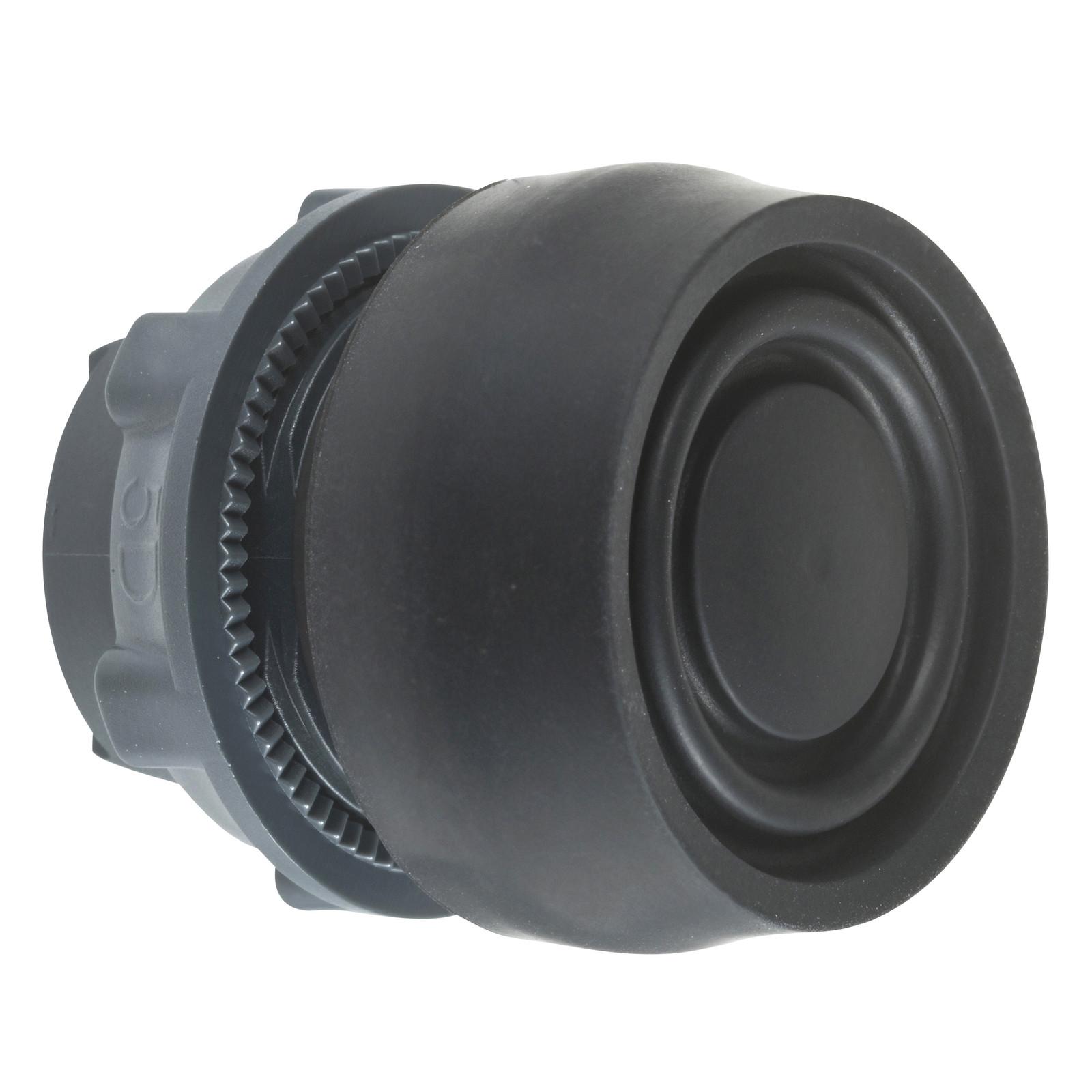 Head for non illuminated push button, Harmony XB5, plastic, flush, black, 22mm, spring return, coloured boot, unmarked