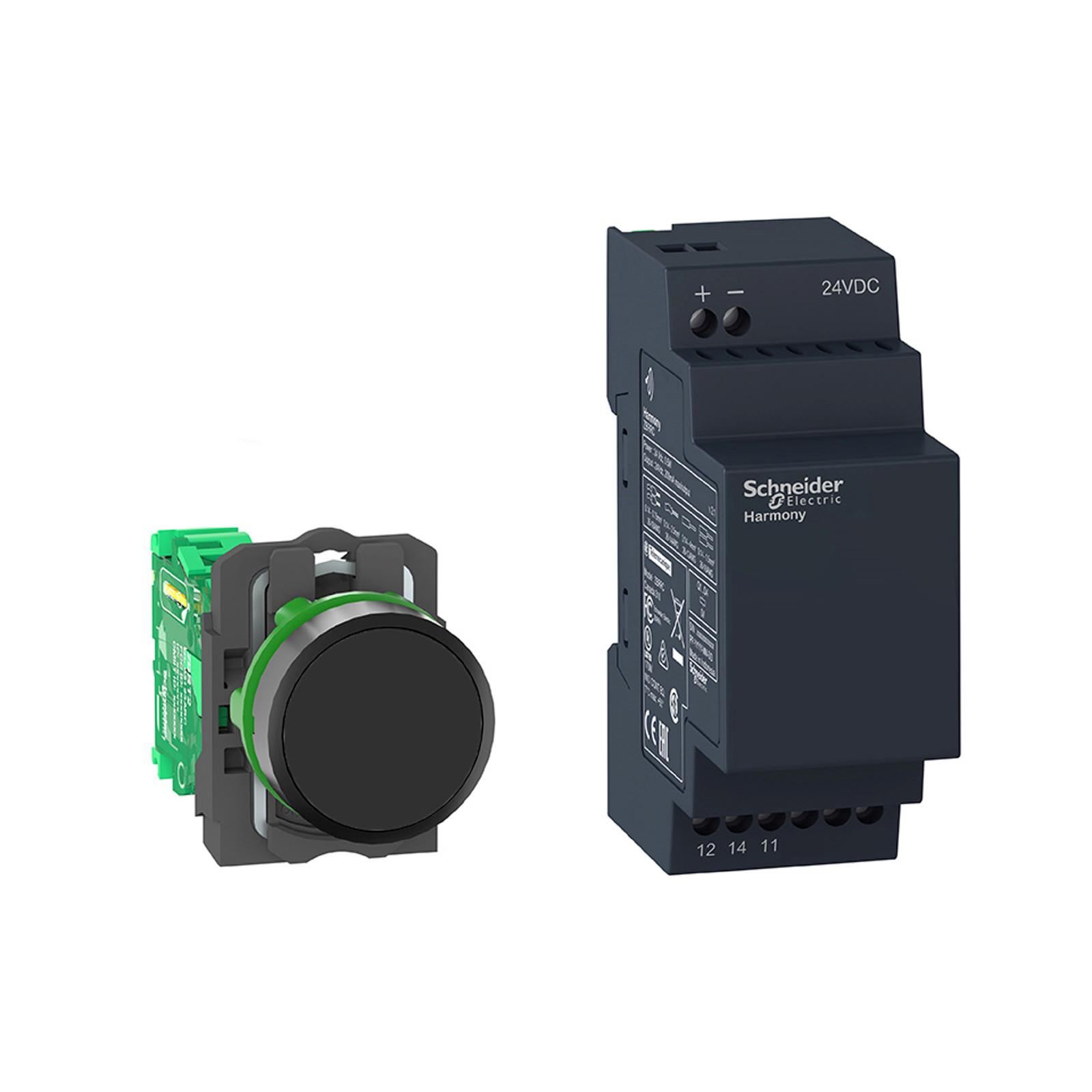 Wireless and batteryless package, Harmony XB5R, Wireless push button and non configurable receiver, plastic, 22mm, with 1 black cap, 24V DC